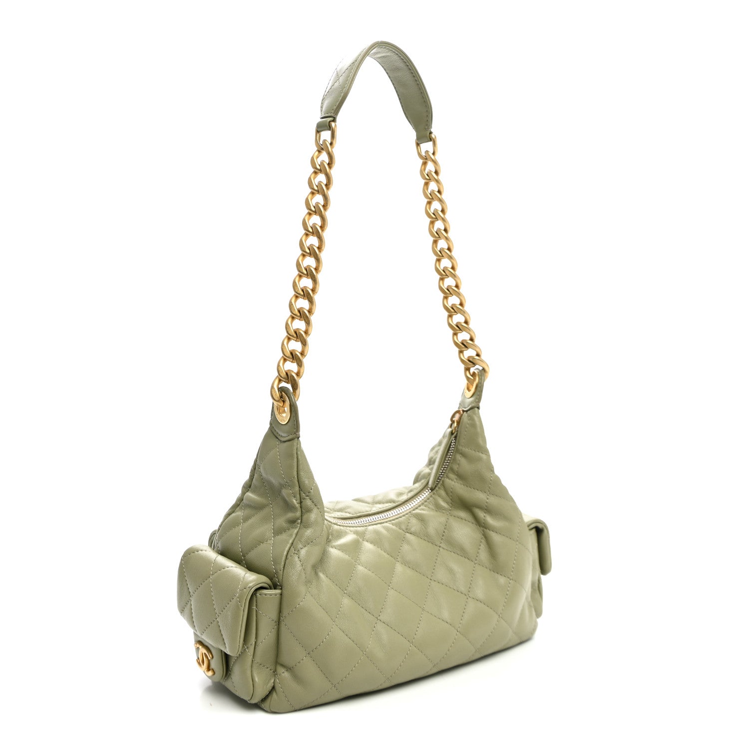 Shiny Lambskin Quilted Trendy Pockets Hobo Green — view 3