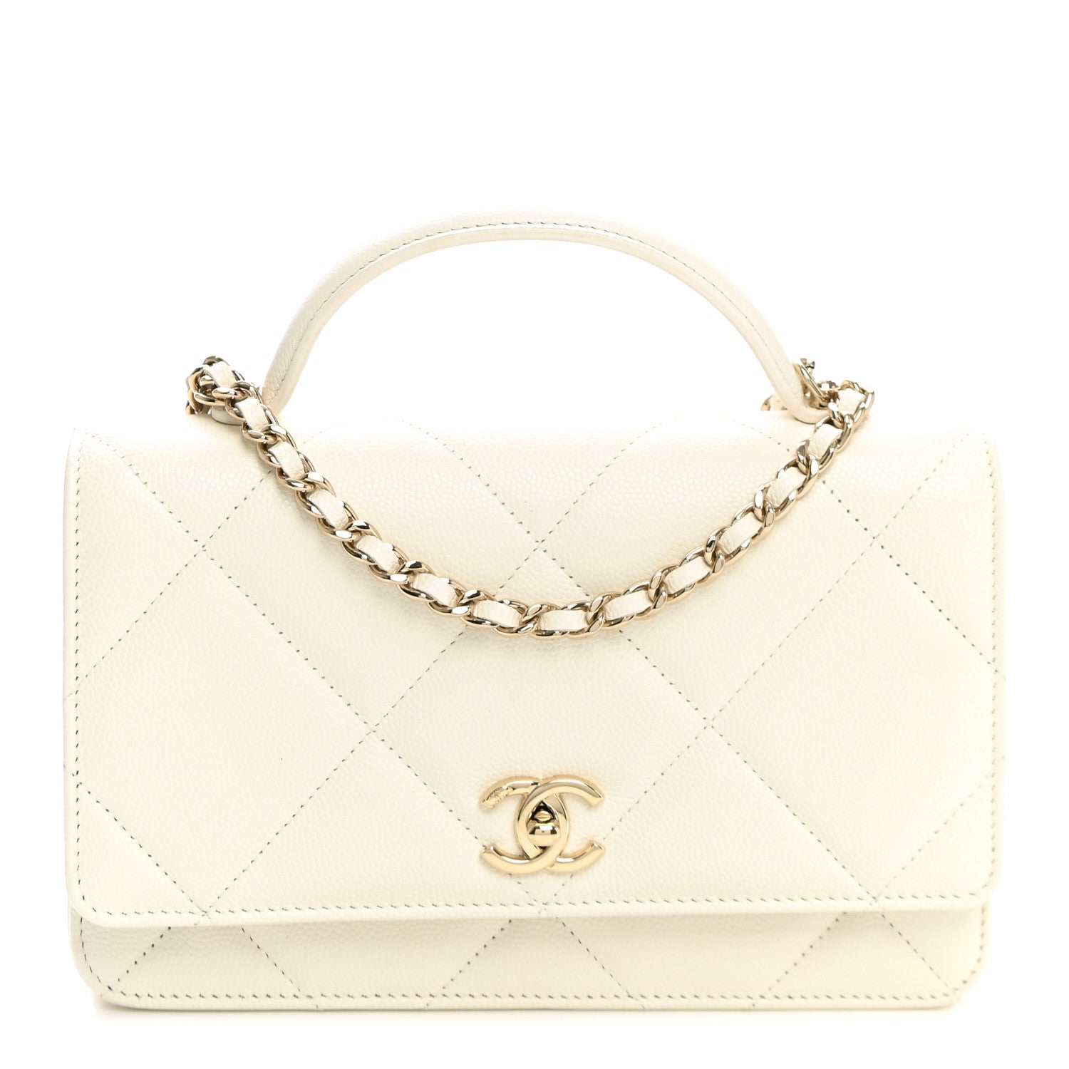 Shiny Caviar Quilted Turnlock Top Handle Wallet On Chain WOC White