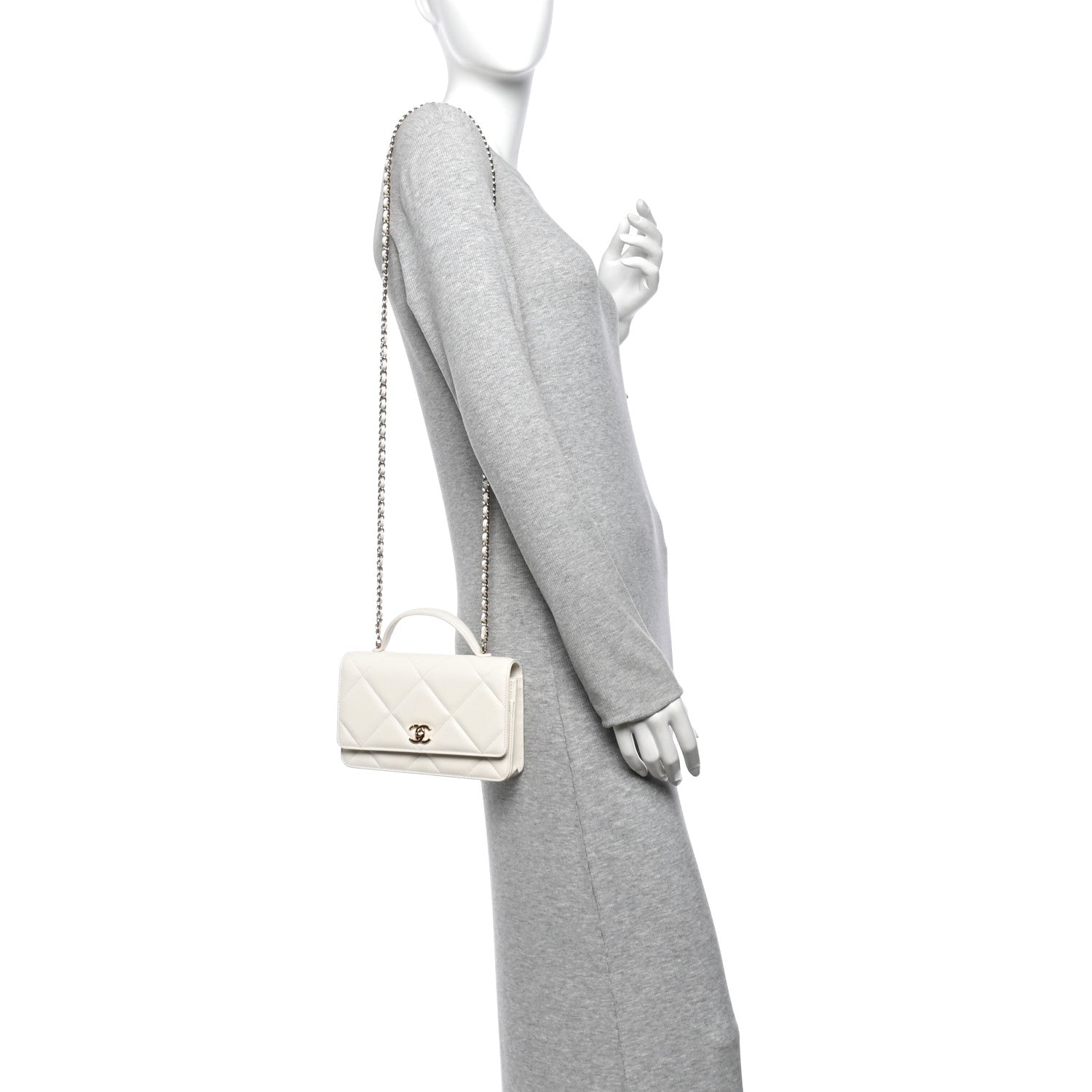 Shiny Caviar Quilted Turnlock Top Handle Wallet On Chain WOC White — view 2