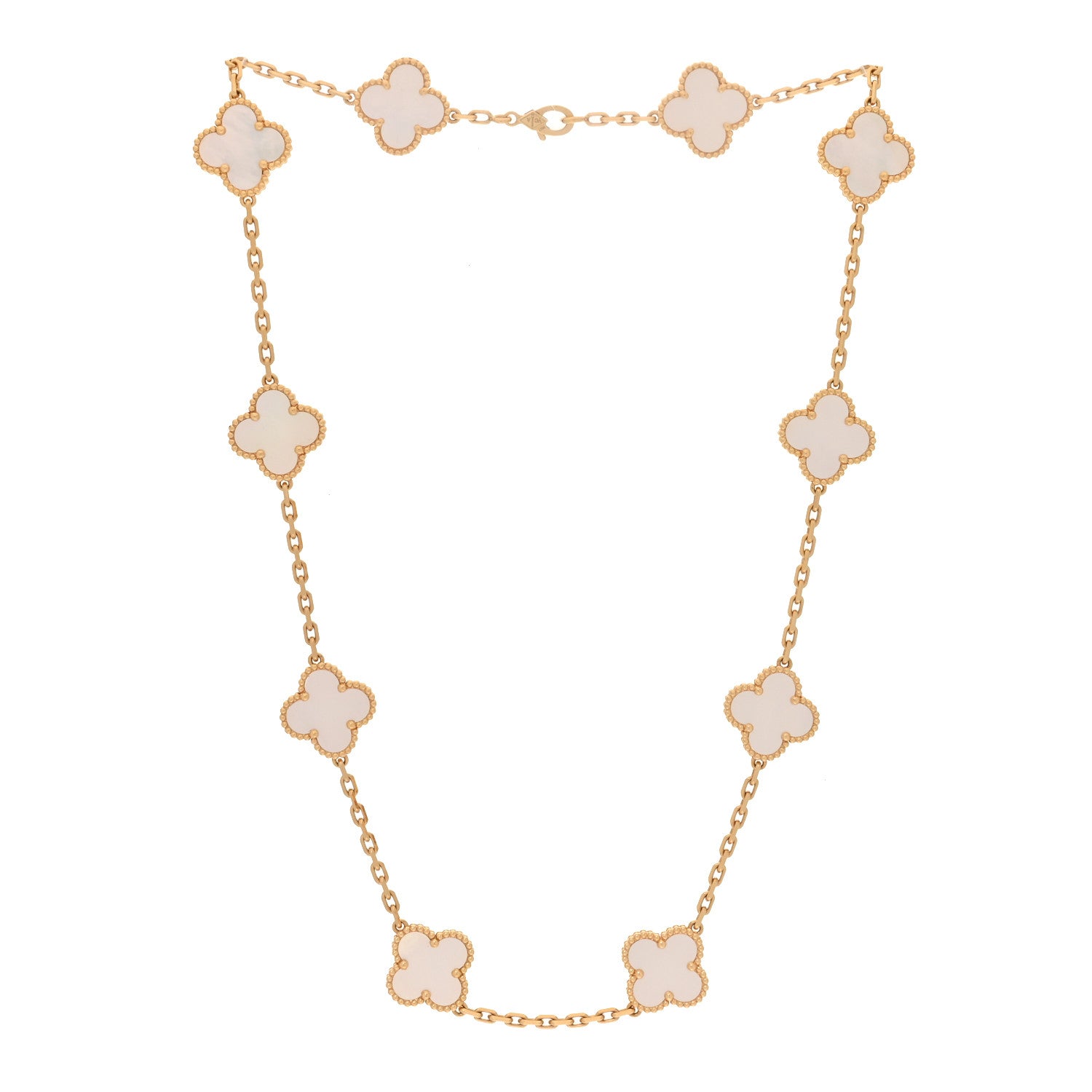 18K Yellow Gold Mother of Pearl 10 Motifs Vintage Alhambra Necklace — view 3