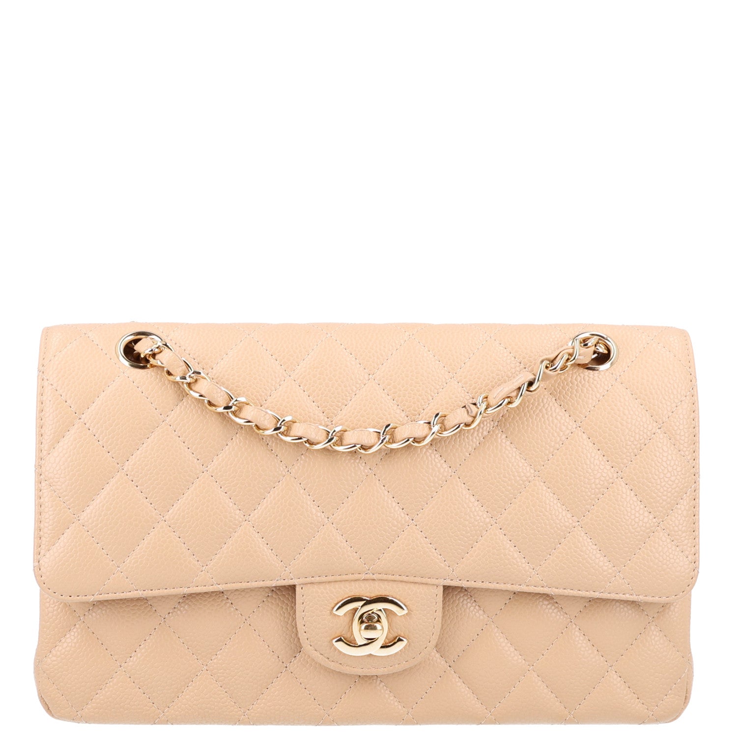 Caviar Quilted Medium Double Flap Beige