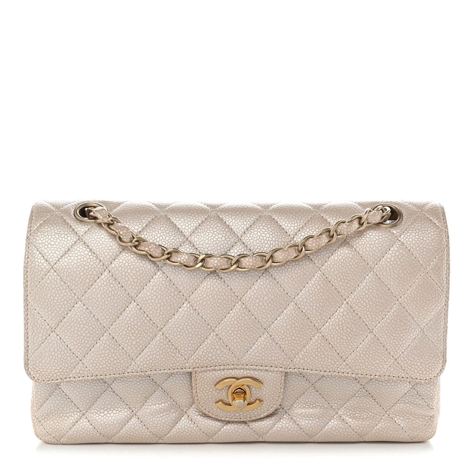 Pearly Caviar Quilted Medium Double Flap Light Beige