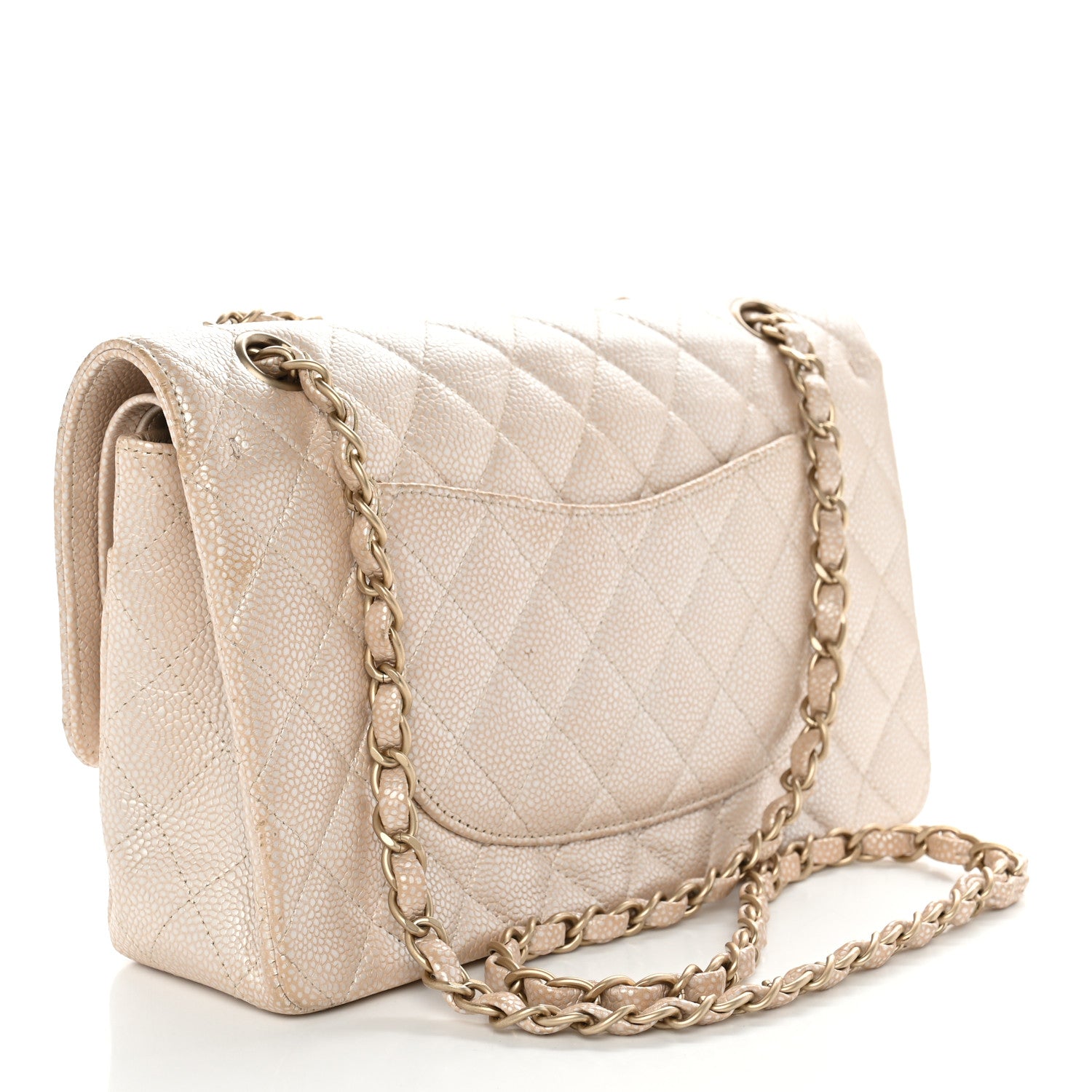 Pearly Caviar Quilted Medium Double Flap Light Beige — view 2