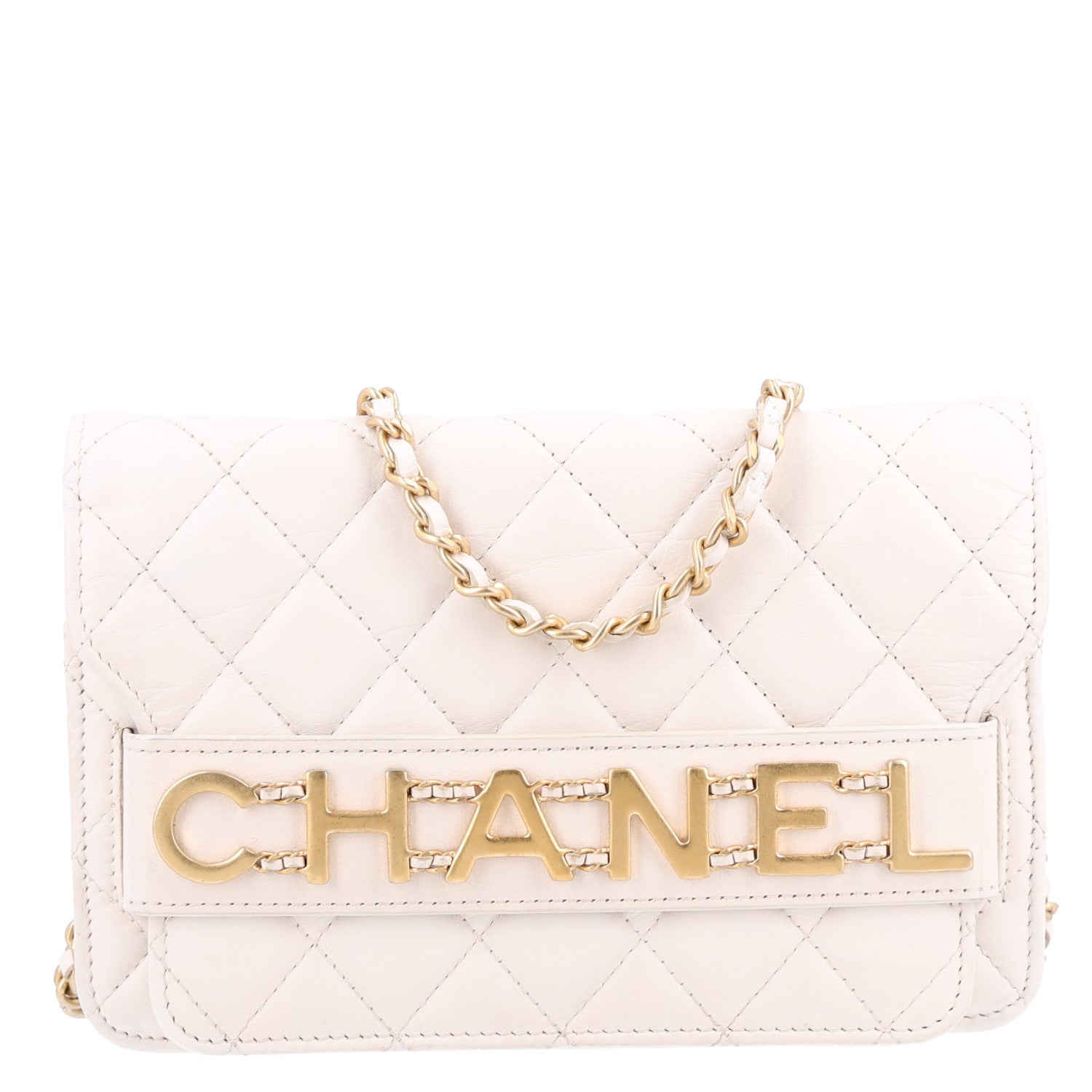 Calfskin Quilted Small Enchained Flap White