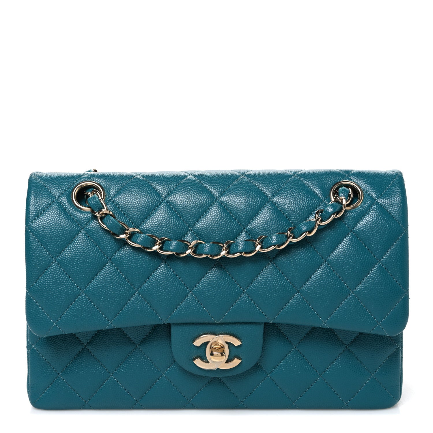 Caviar Quilted Small Double Flap Turquoise