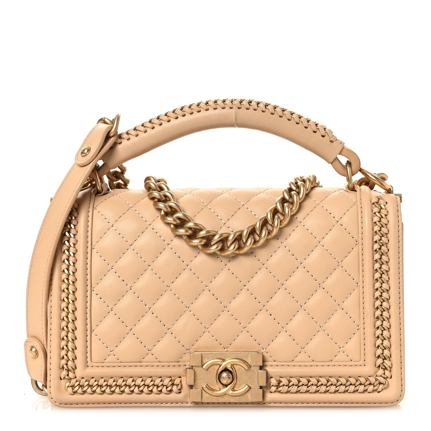 Calfskin Quilted Medium Boy Top Handle Flap Beige