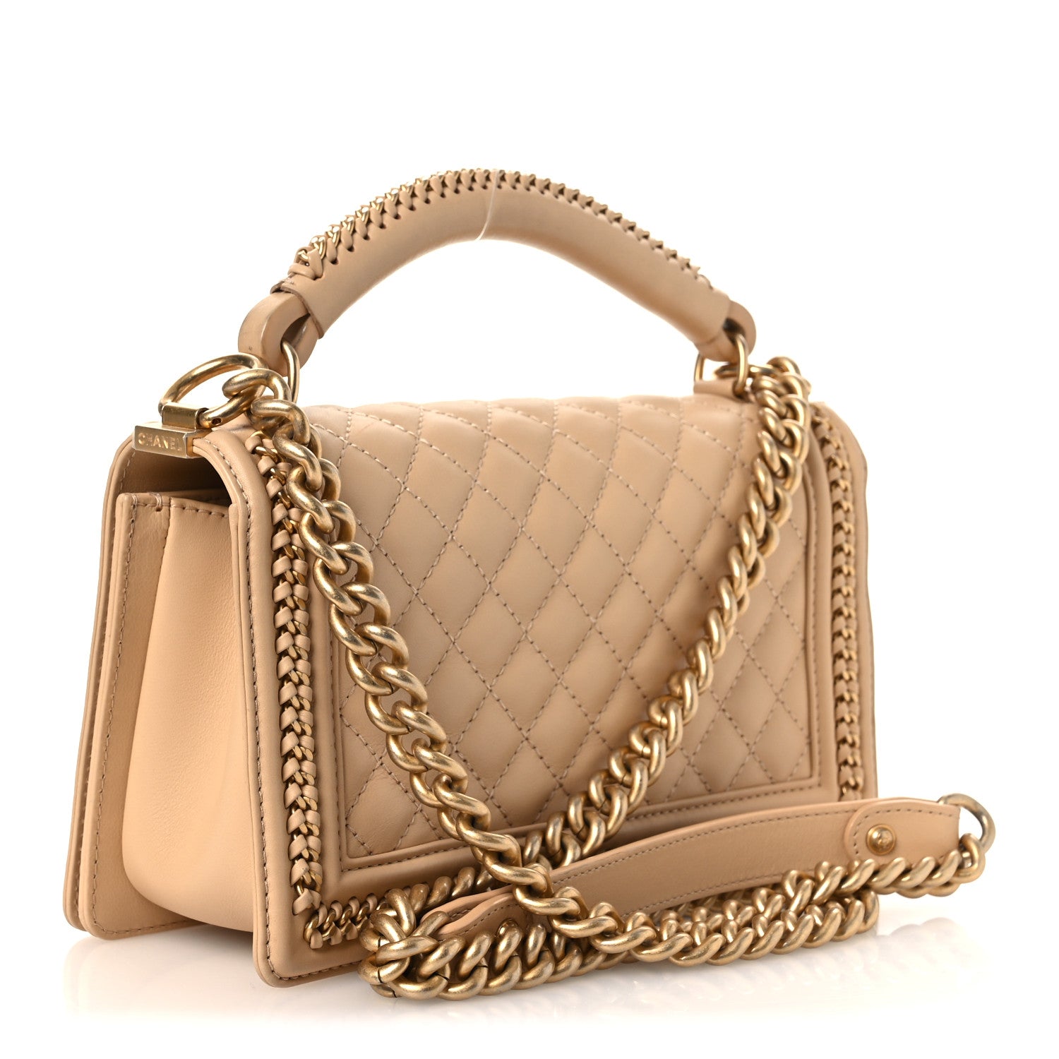 Calfskin Quilted Medium Boy Top Handle Flap Beige — view 3