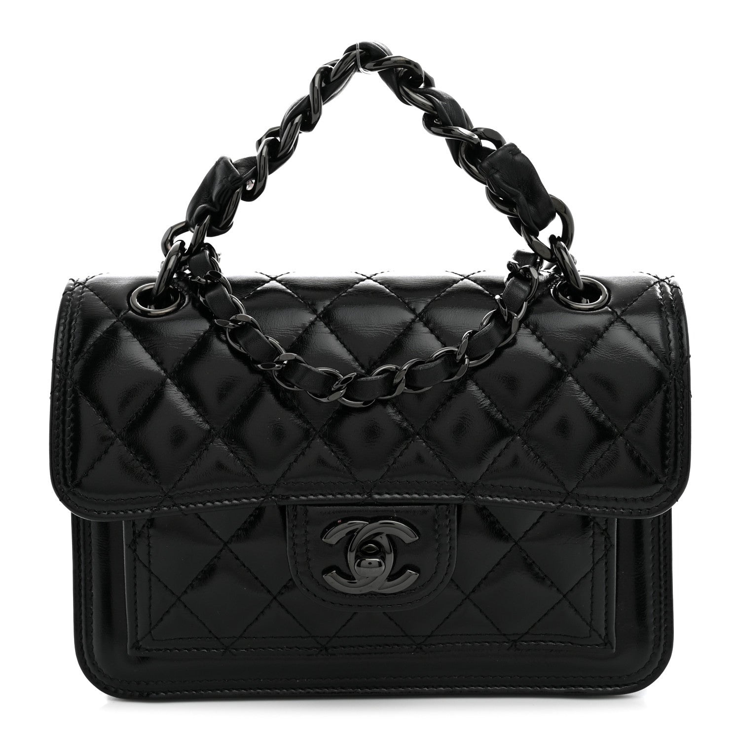 Shiny Crumpled Calfskin Quilted Double You Mini Flap So Black — view 1