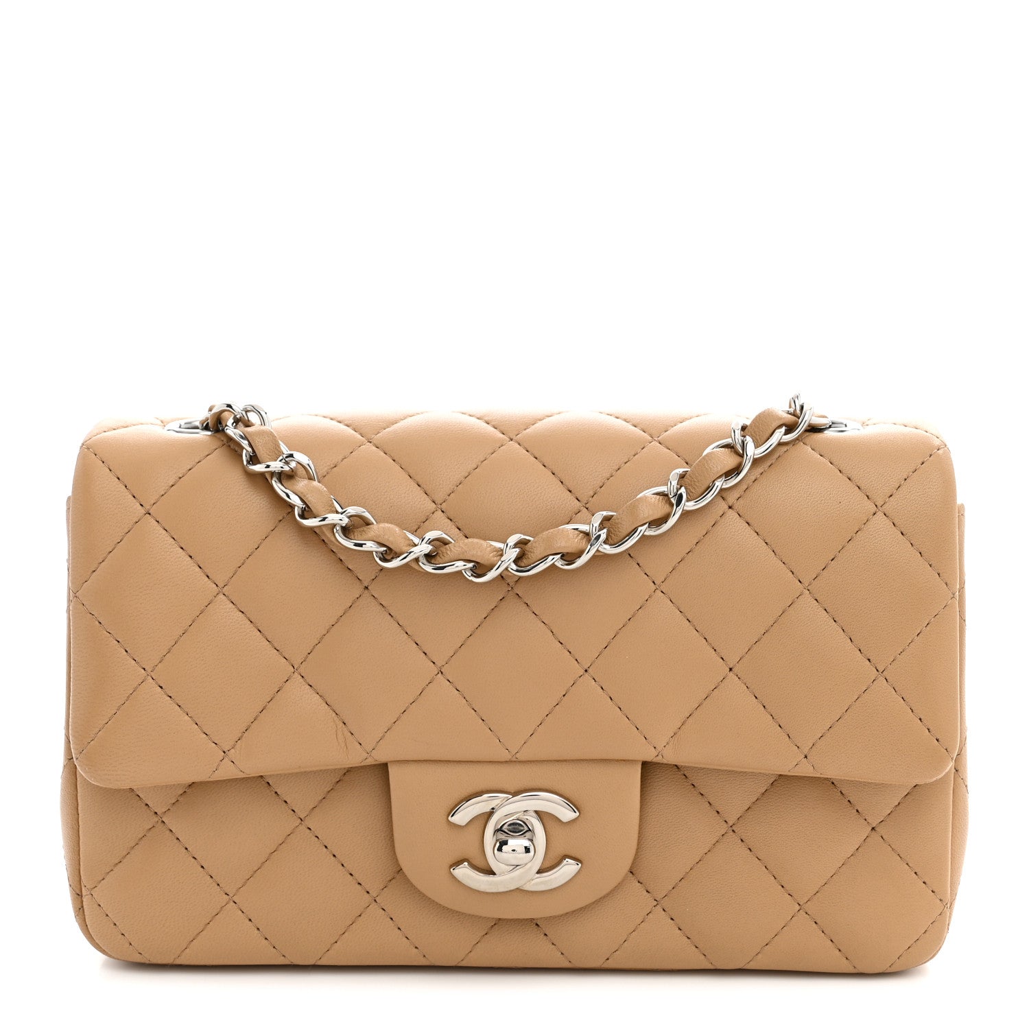 Lambskin Quilted Mini Rectangular Flap Dark Beige