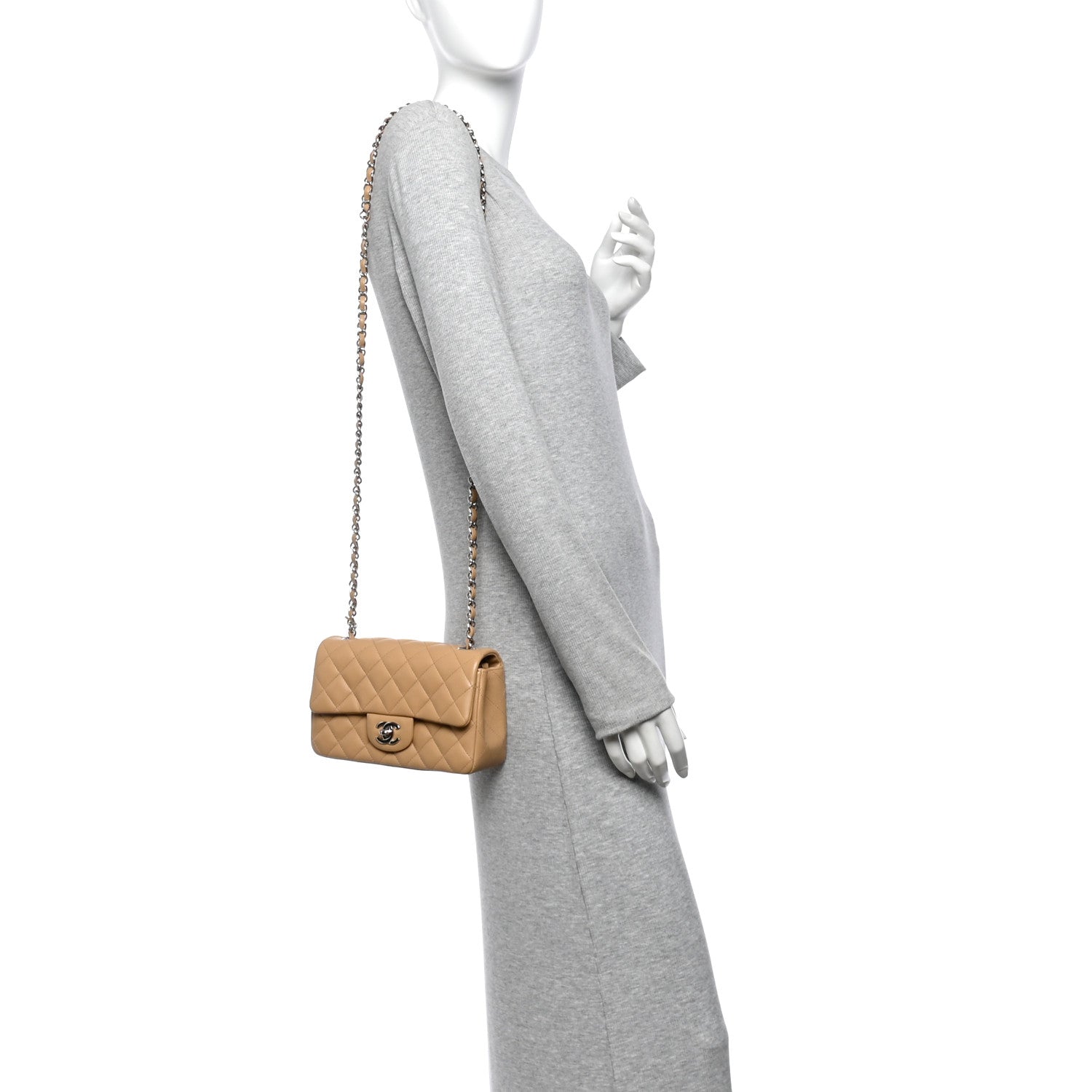 Lambskin Quilted Mini Rectangular Flap Dark Beige — view 2