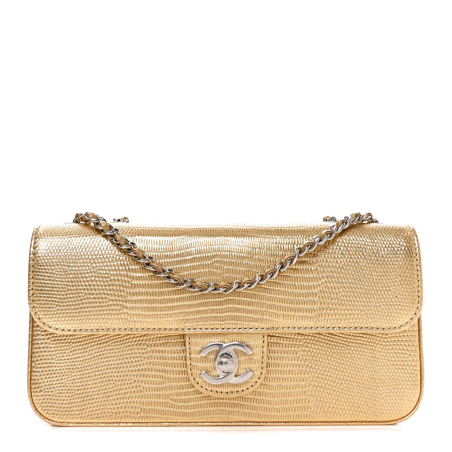 Metallic Calfskin Lizard Embossed Small East West Flap Gold