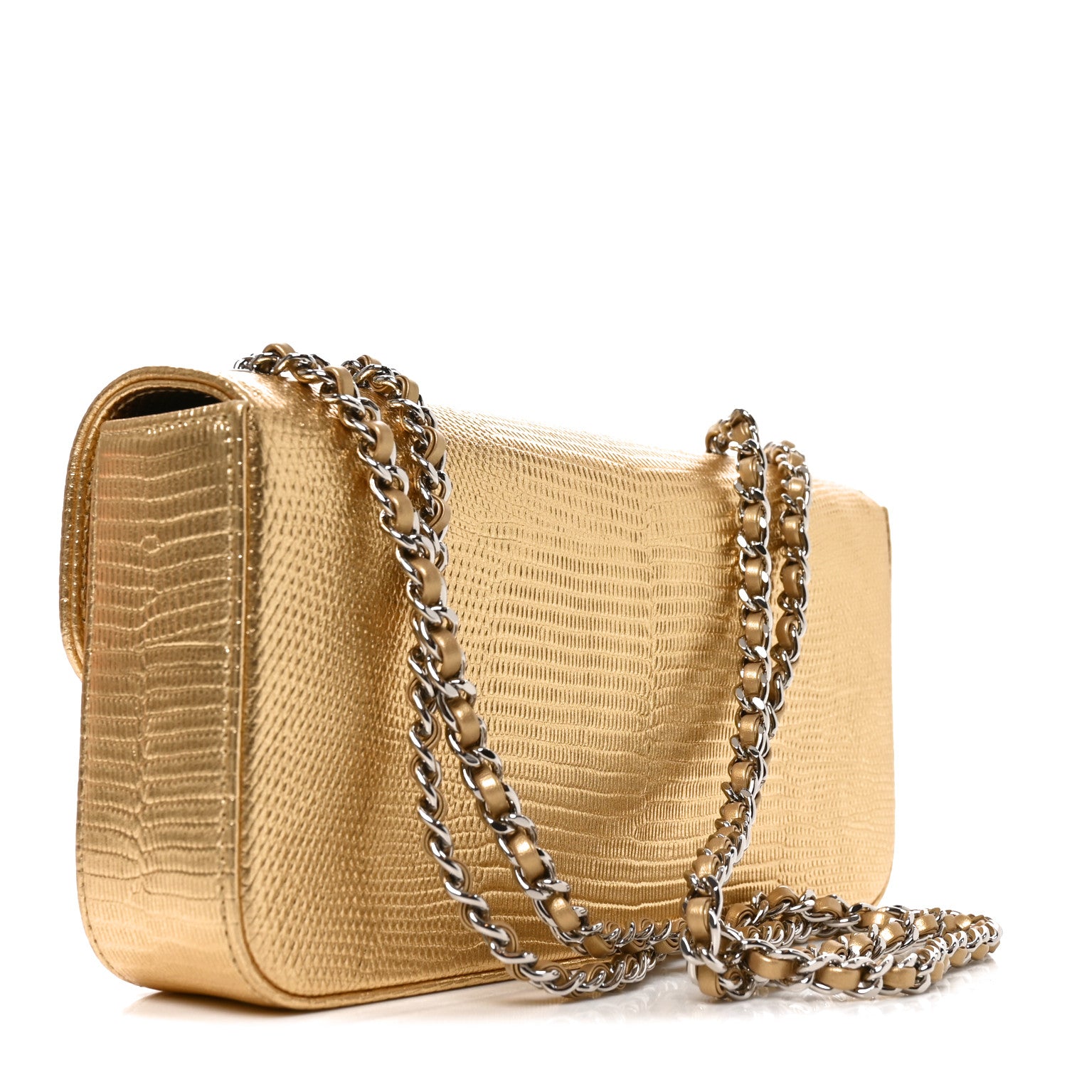 Metallic Calfskin Lizard Embossed Small East West Flap Gold — view 3