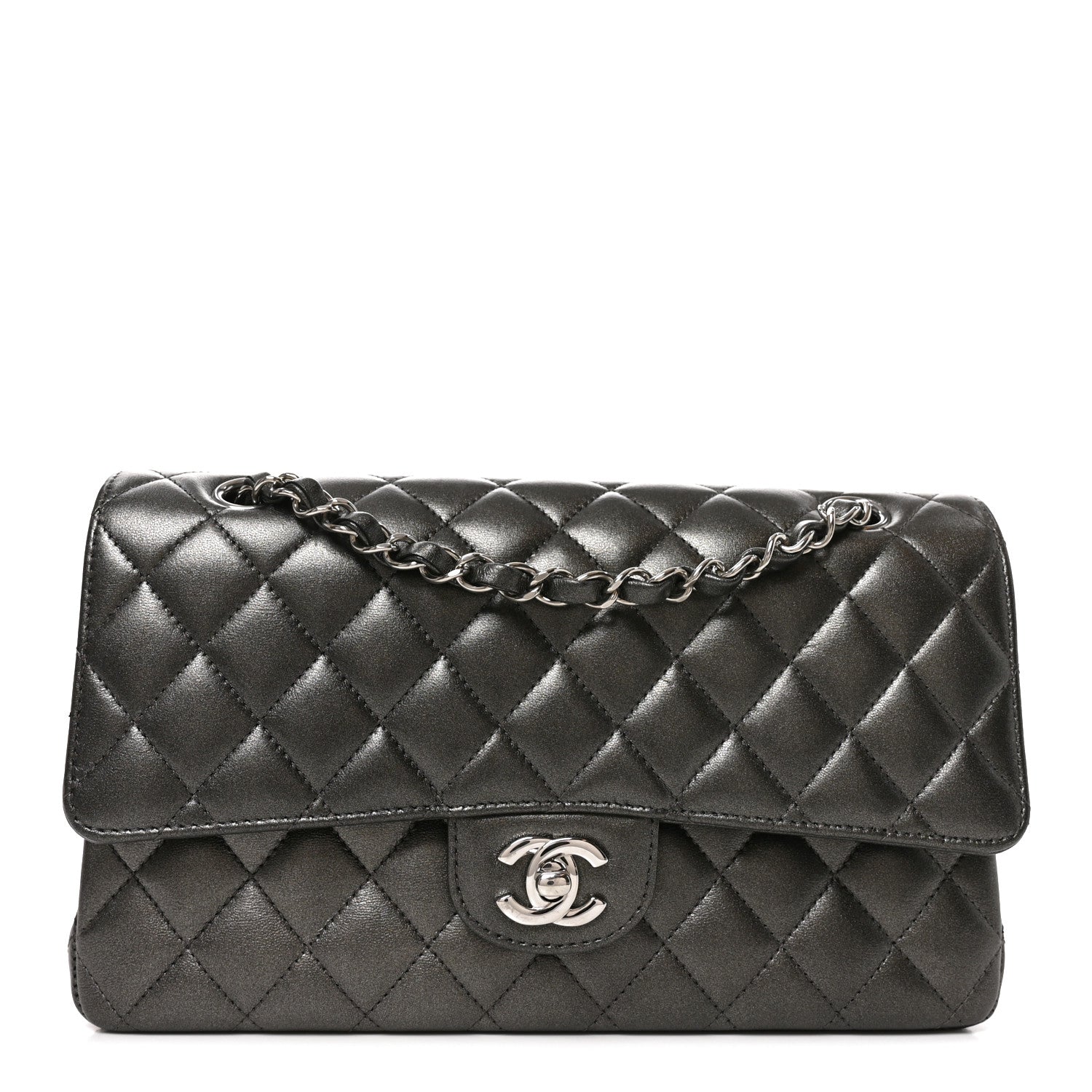 Metallic Lambskin Quilted Medium Double Flap Anthracite