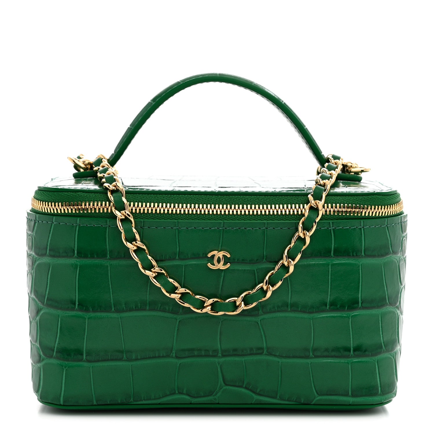 Calfskin Crocodile Embossed Crococo Small Top Handle Vanity Case With Chain Emerald — view 1