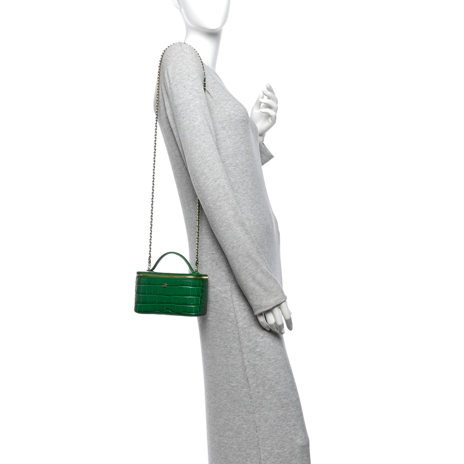 Calfskin Crocodile Embossed Crococo Small Top Handle Vanity Case With Chain Emerald — view 2