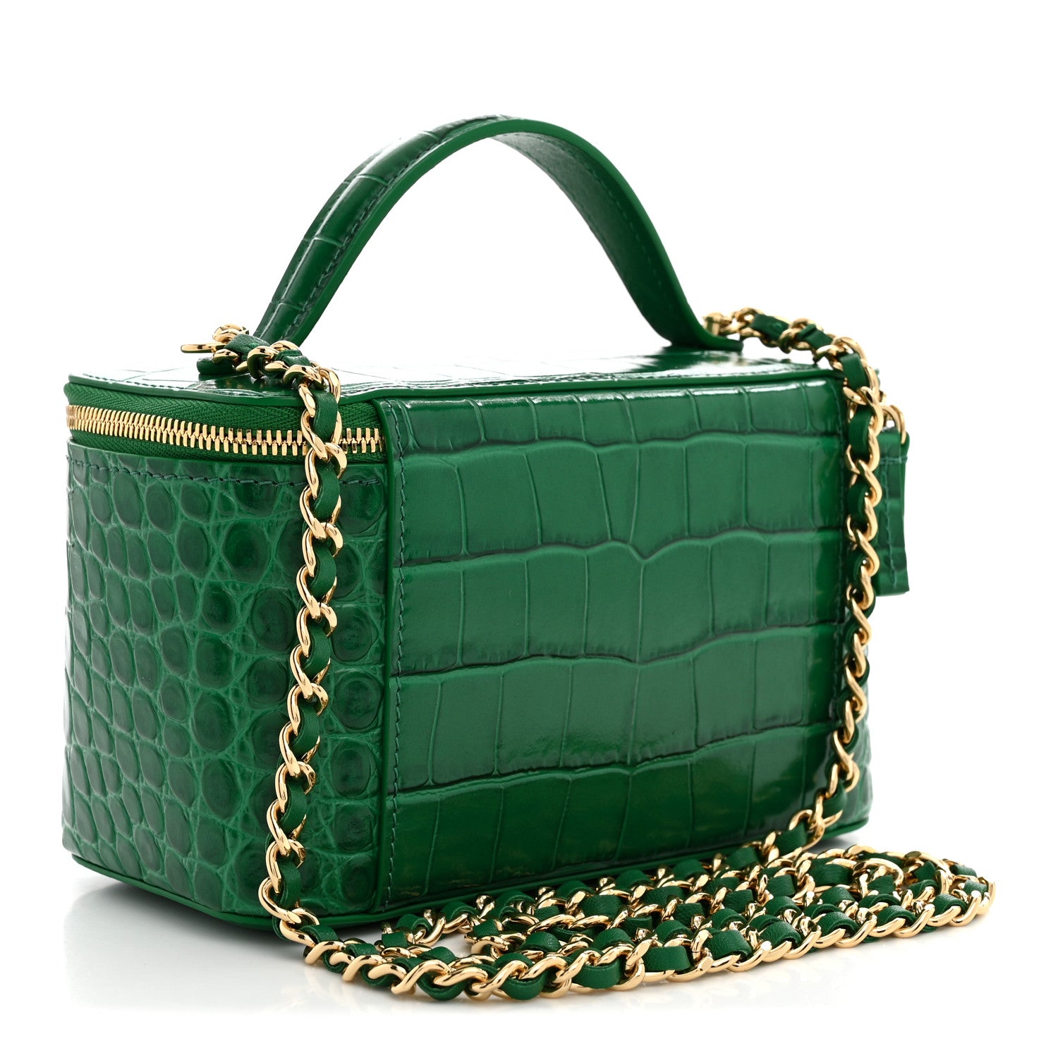Calfskin Crocodile Embossed Crococo Small Top Handle Vanity Case With Chain Emerald — view 3