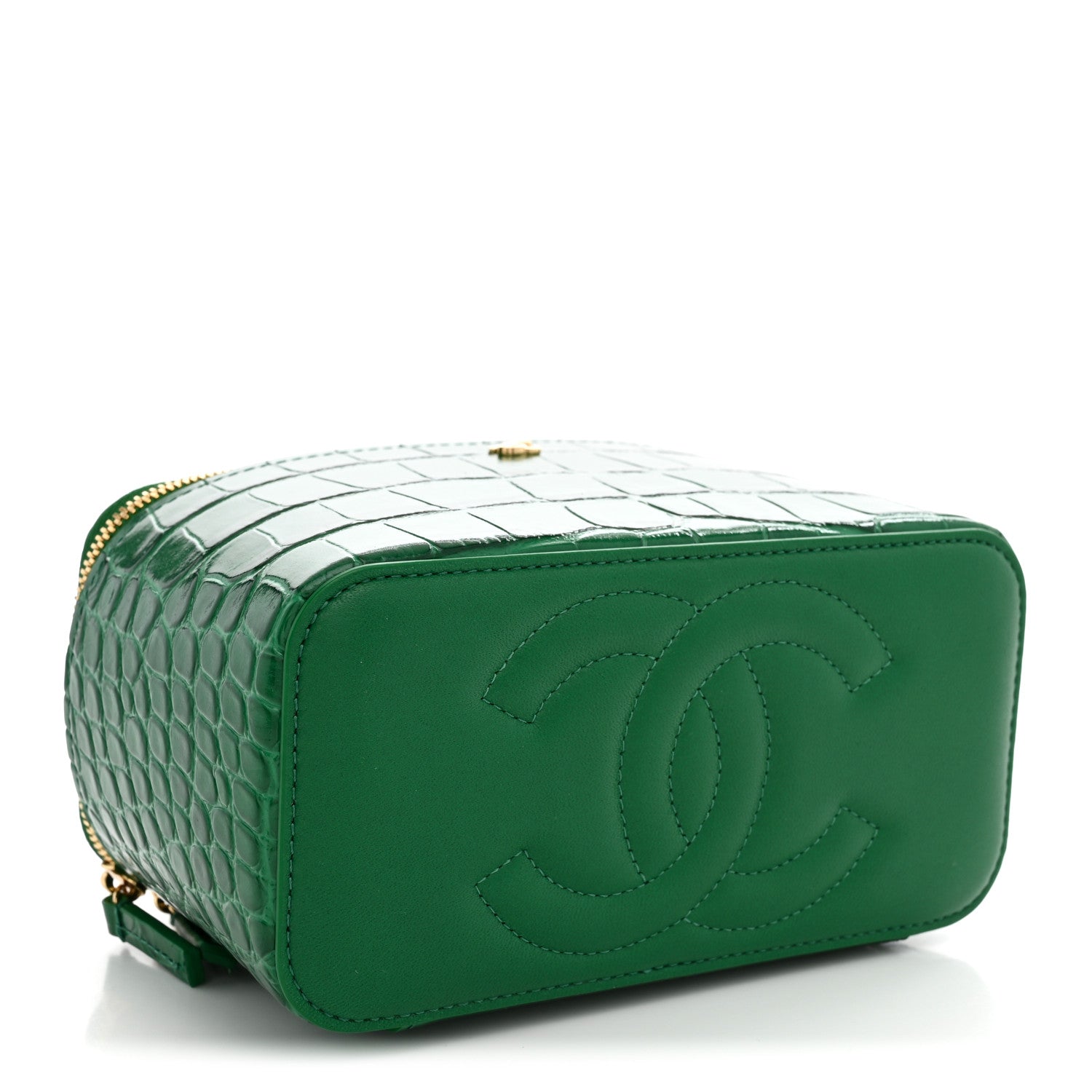 Calfskin Crocodile Embossed Crococo Small Top Handle Vanity Case With Chain Emerald — view 4