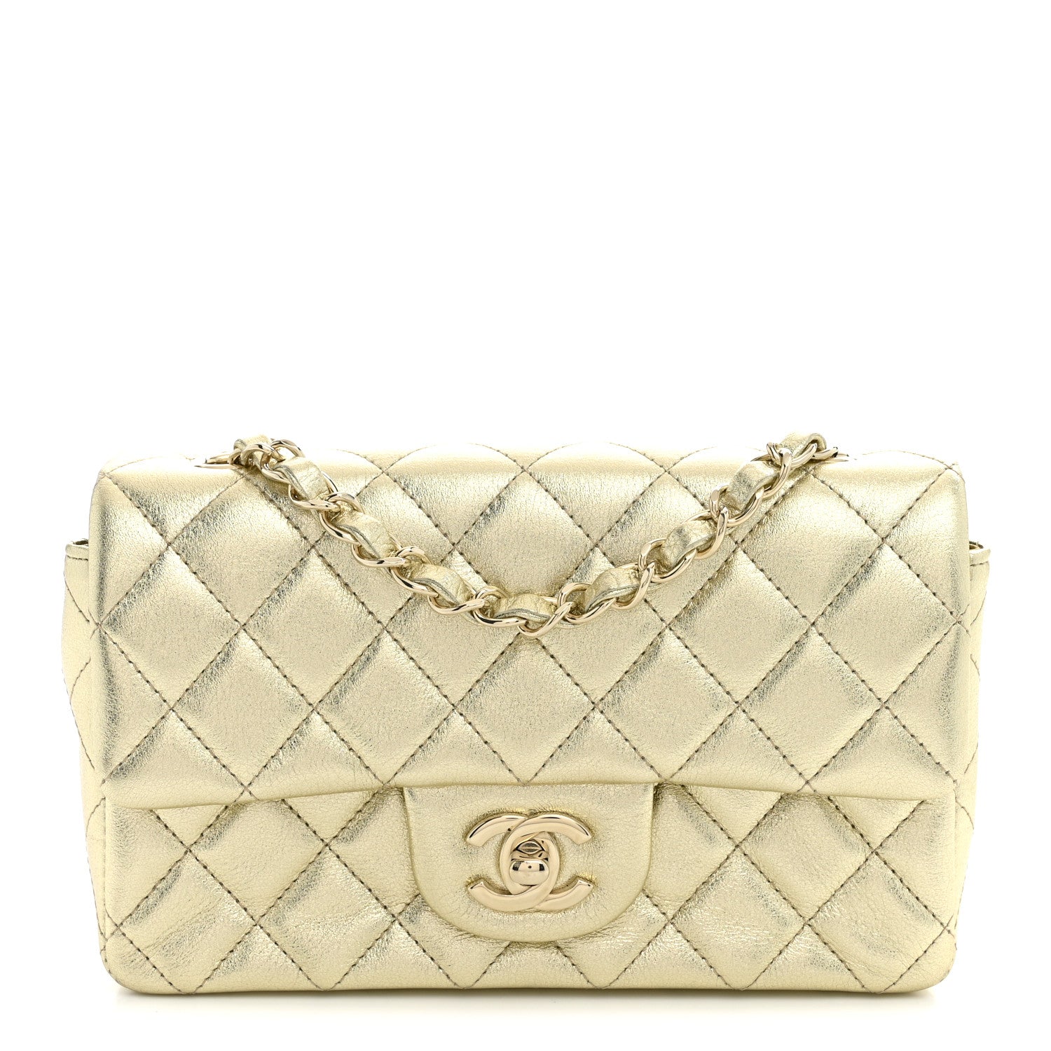 Metallic Lambskin Quilted Mini Rectangular Flap Gold