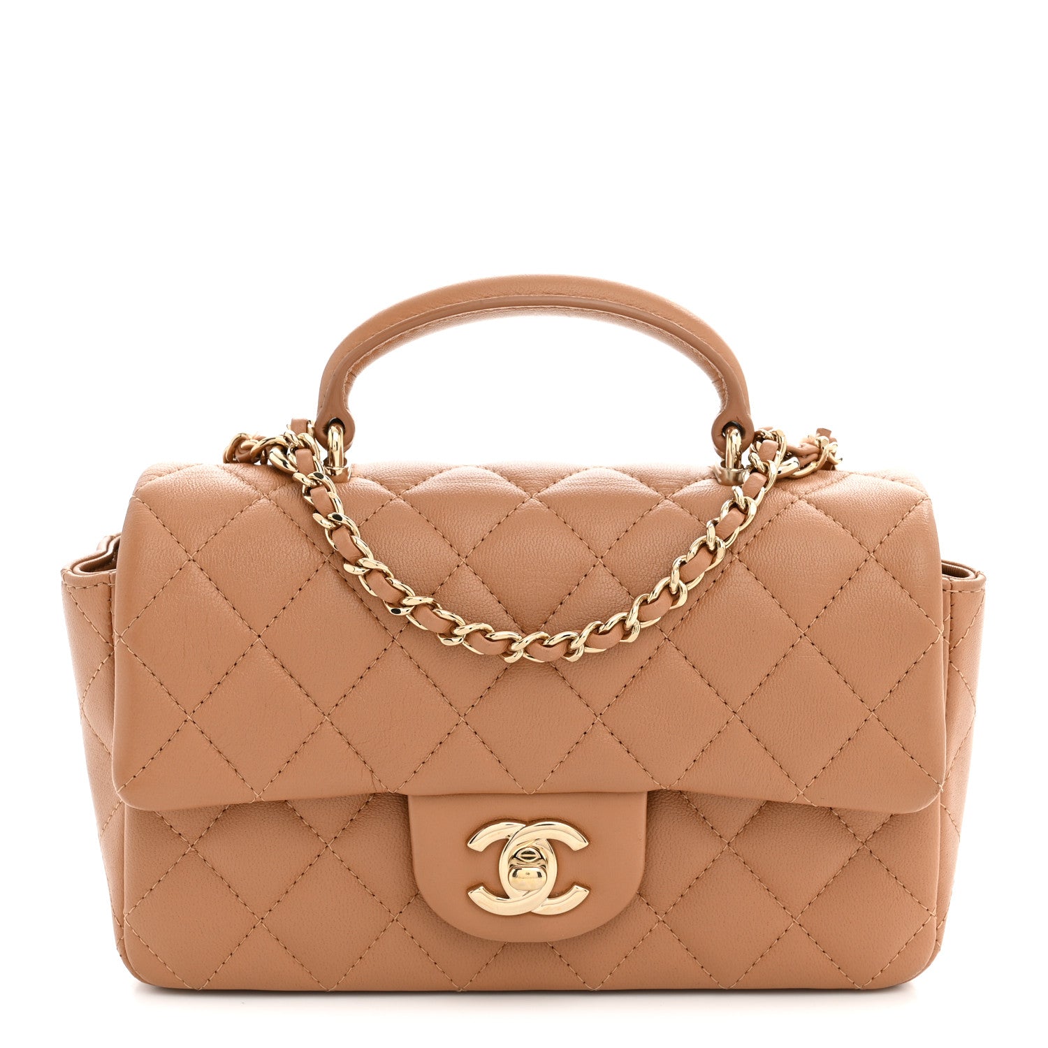Lambskin Quilted Mini Top Handle Rectangular Flap Dark Beige