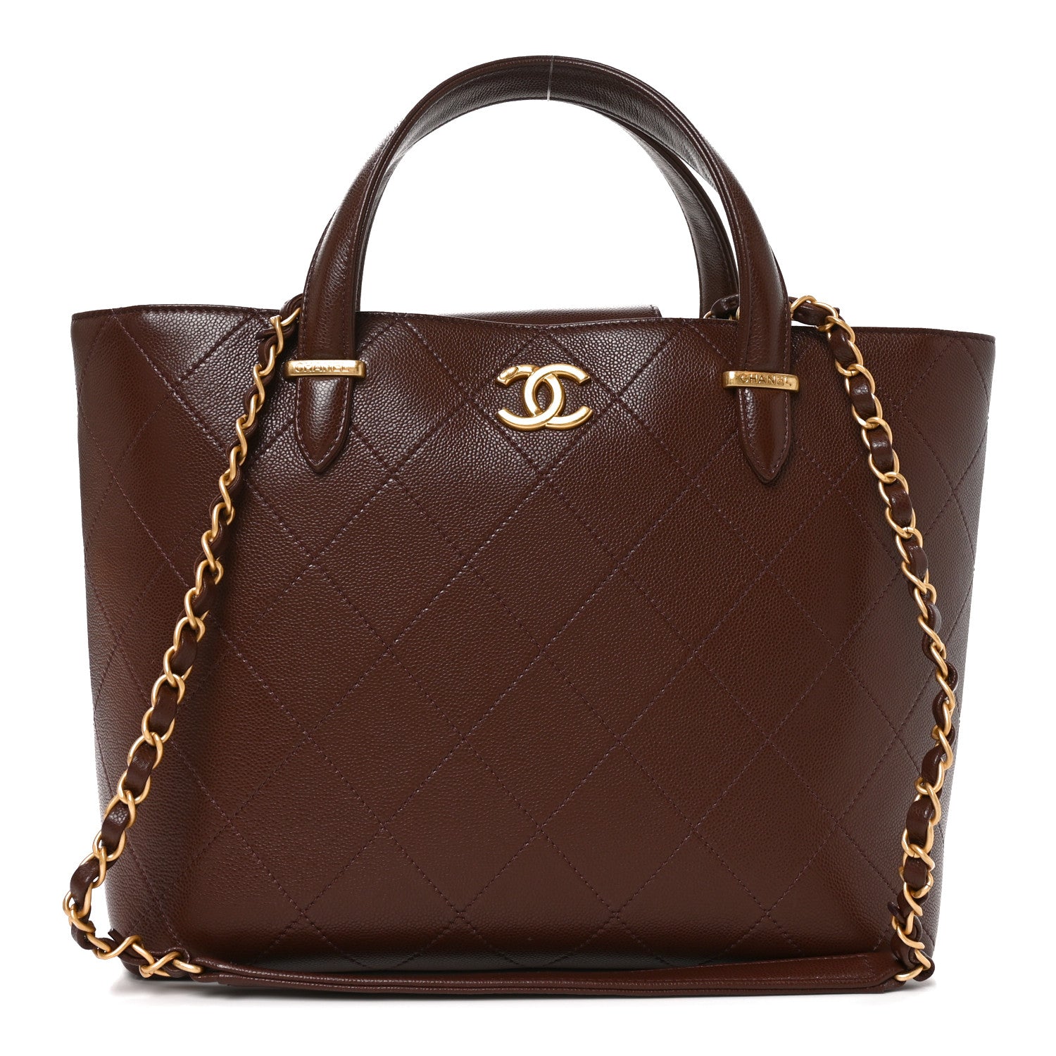 Grained Calfskin Stitched Small Shopping Tote Dark Brown