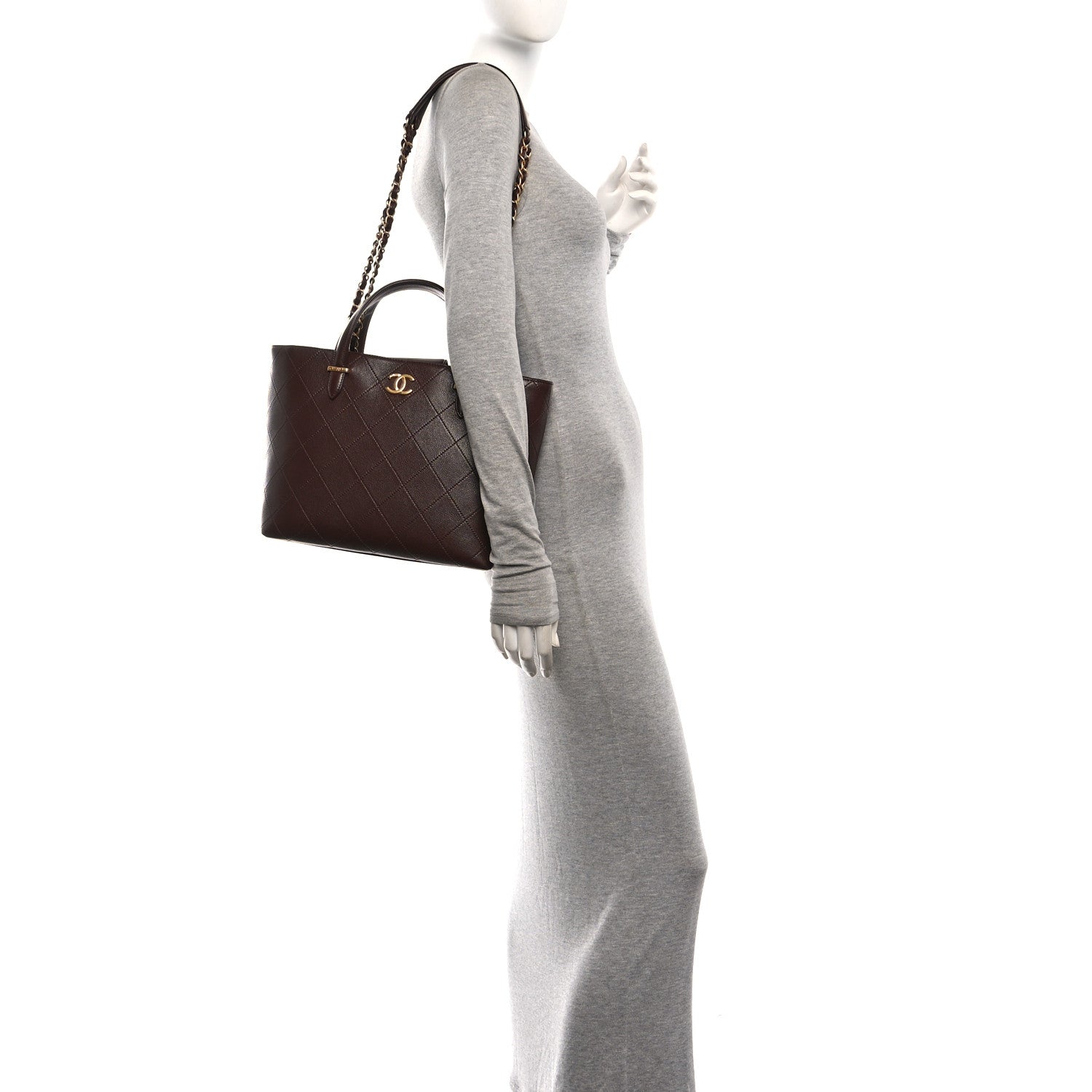 Grained Calfskin Stitched Small Shopping Tote Dark Brown — view 2