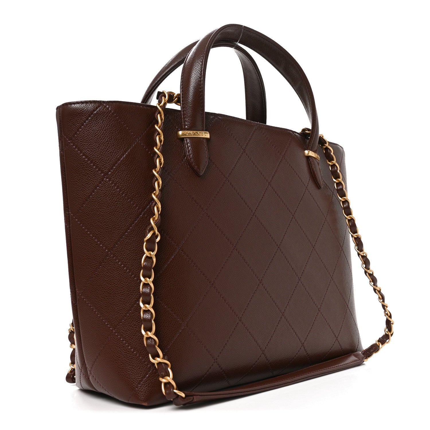 Grained Calfskin Stitched Small Shopping Tote Dark Brown — view 3