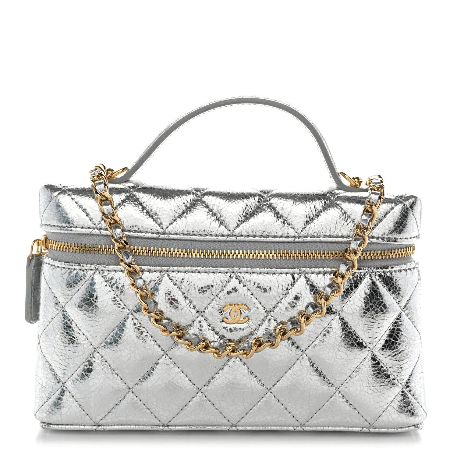 Metallic Calfskin Quilted Top Handle Slim Vanity With Chain Silver