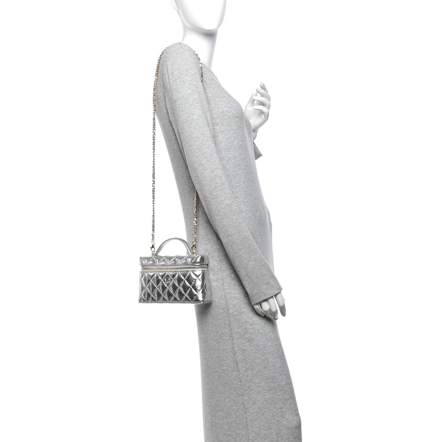 Metallic Calfskin Quilted Top Handle Slim Vanity With Chain Silver — view 2