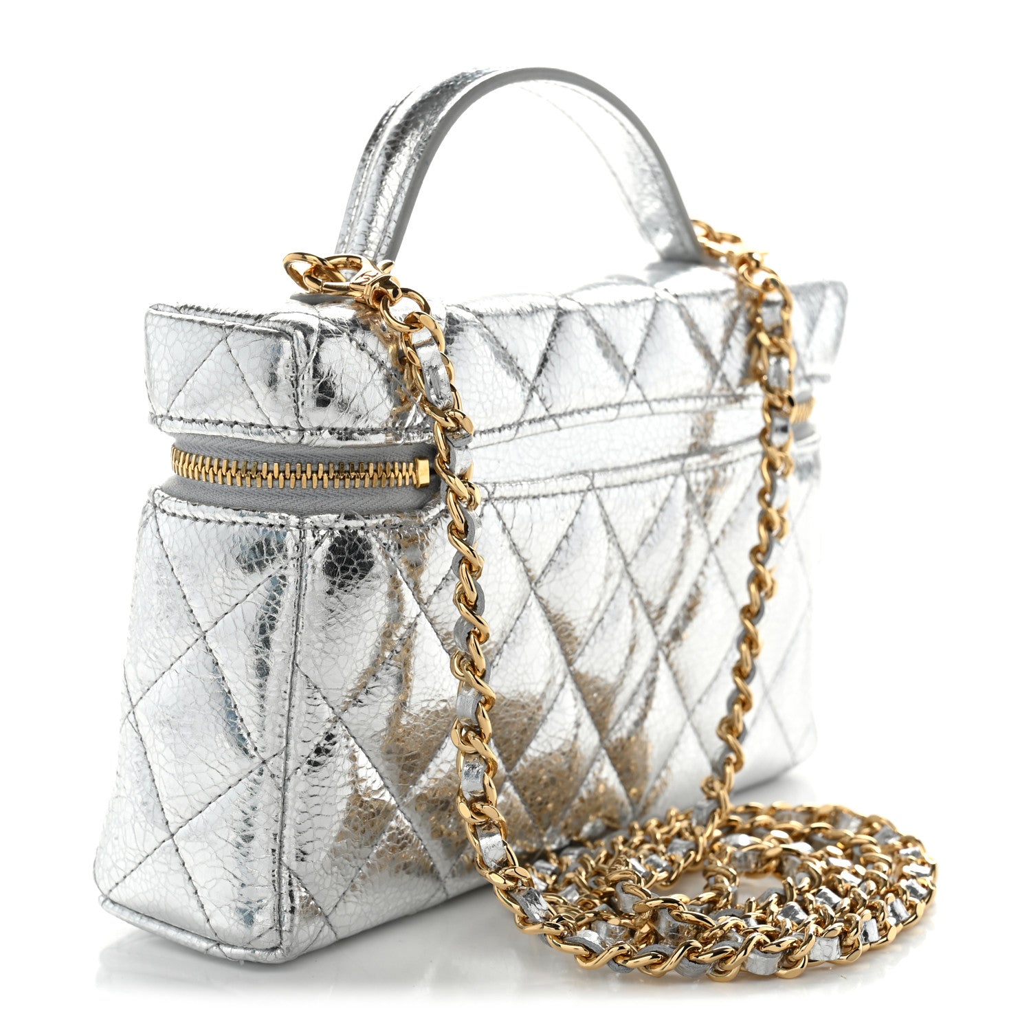 Metallic Calfskin Quilted Top Handle Slim Vanity With Chain Silver — view 3