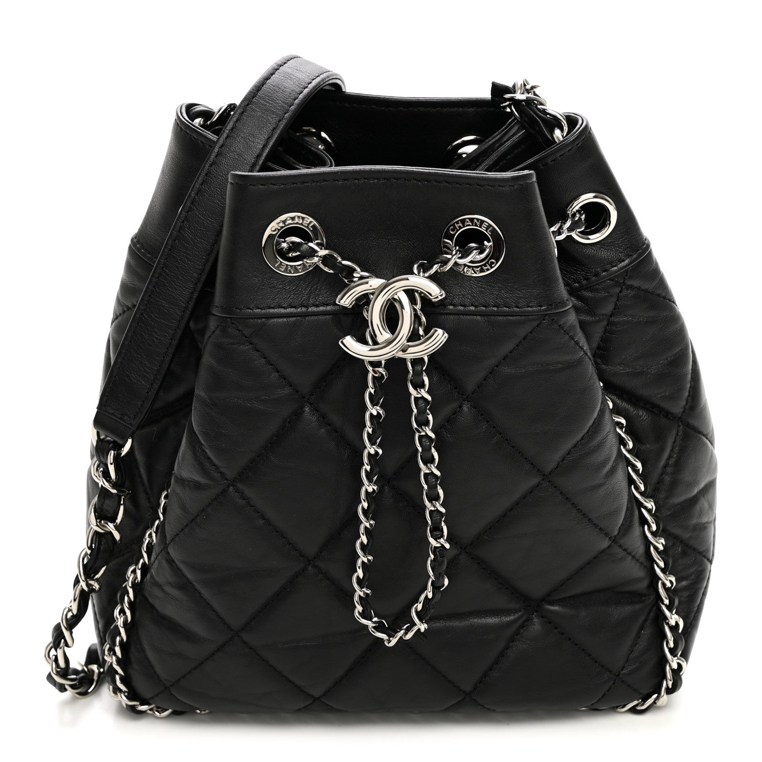 Crumpled Calfskin Quilted Chain All Over Drawstring Bucket Bag Black