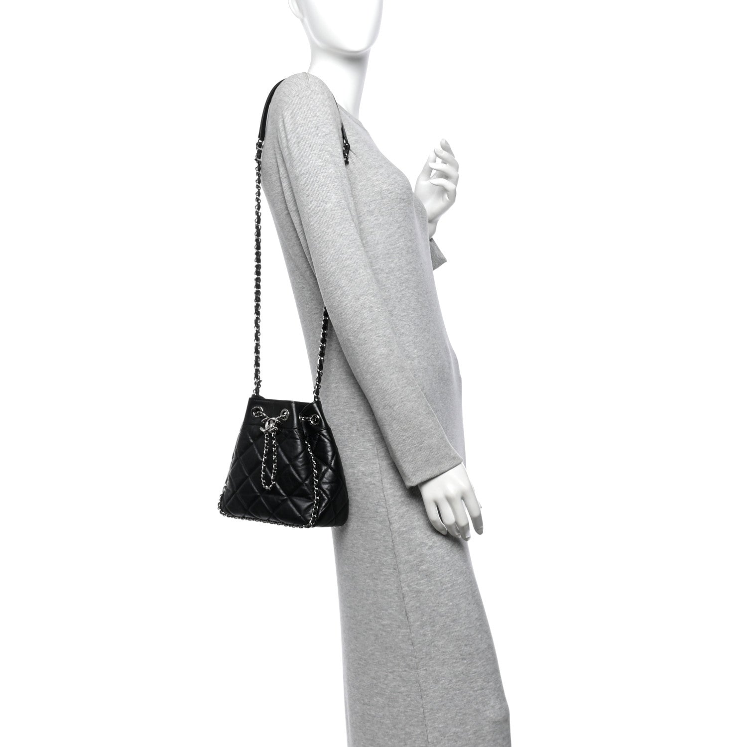 Crumpled Calfskin Quilted Chain All Over Drawstring Bucket Bag Black — view 2
