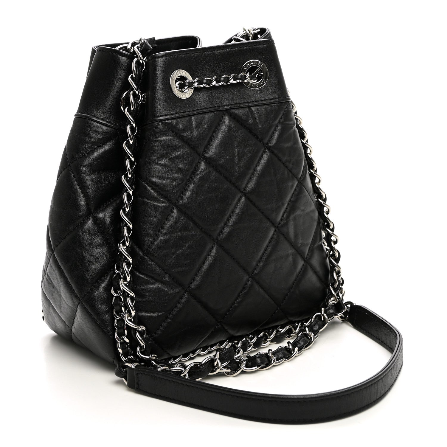 Crumpled Calfskin Quilted Chain All Over Drawstring Bucket Bag Black — view 3