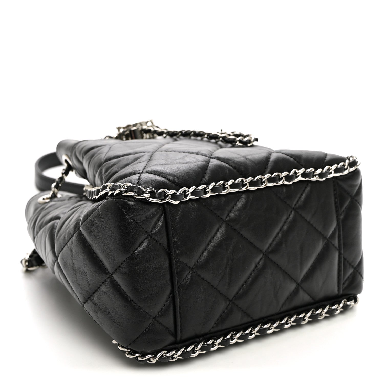 Crumpled Calfskin Quilted Chain All Over Drawstring Bucket Bag Black — view 4