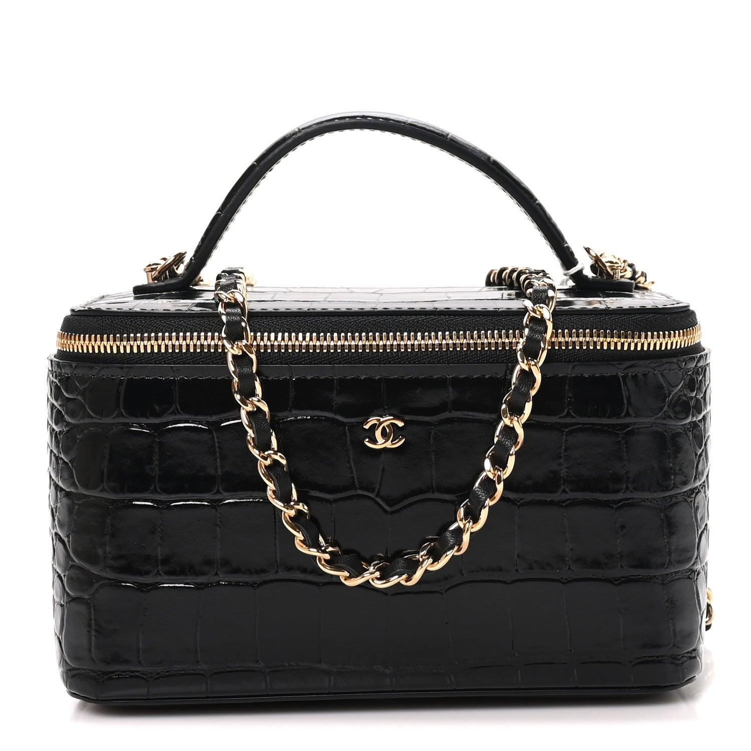 Calfskin Crocodile Embossed Crococo Small Top Handle Vanity Case With Chain Black
