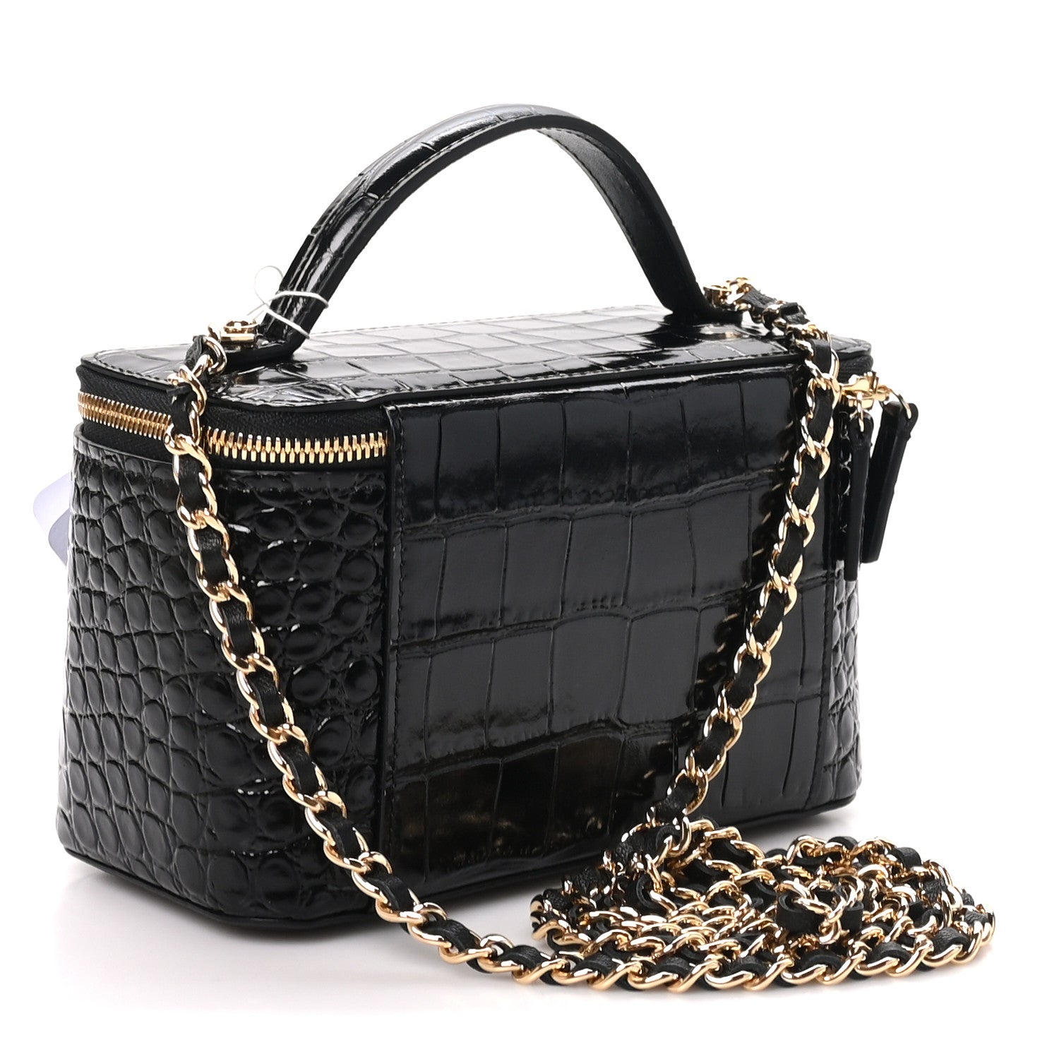 Calfskin Crocodile Embossed Crococo Small Top Handle Vanity Case With Chain Black — view 3