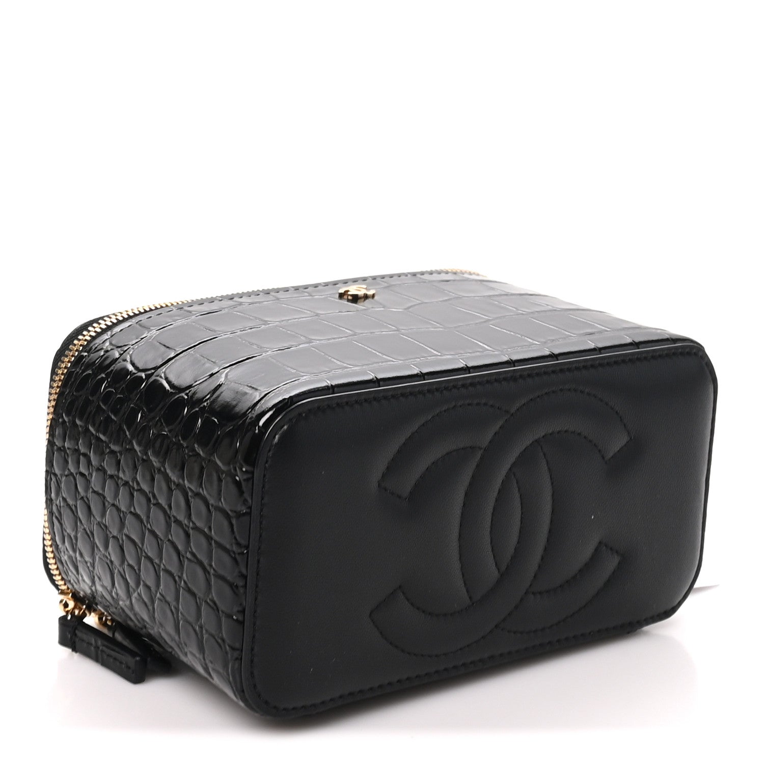Calfskin Crocodile Embossed Crococo Small Top Handle Vanity Case With Chain Black — view 4
