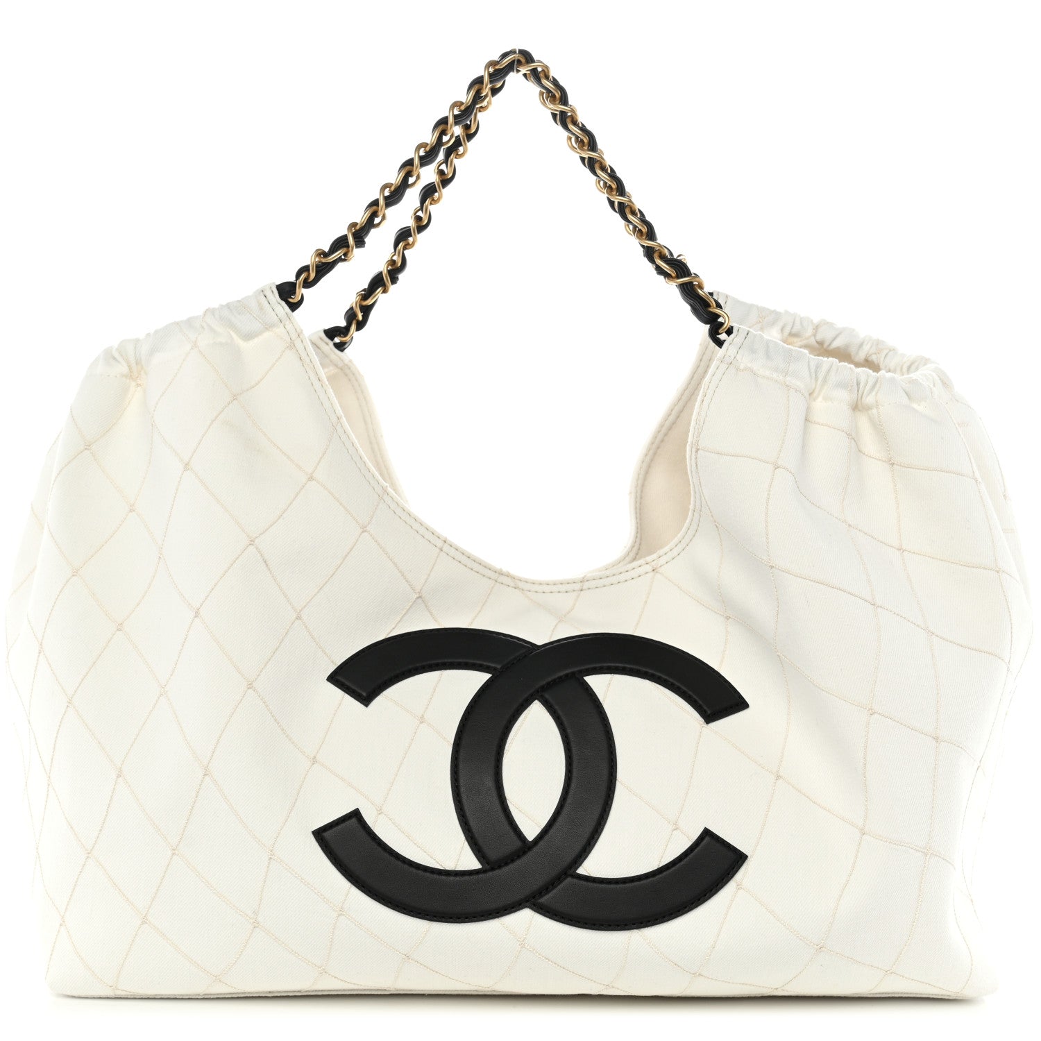 Denim Calfskin Quilted Coco Beach Small Shopping Tote White Black