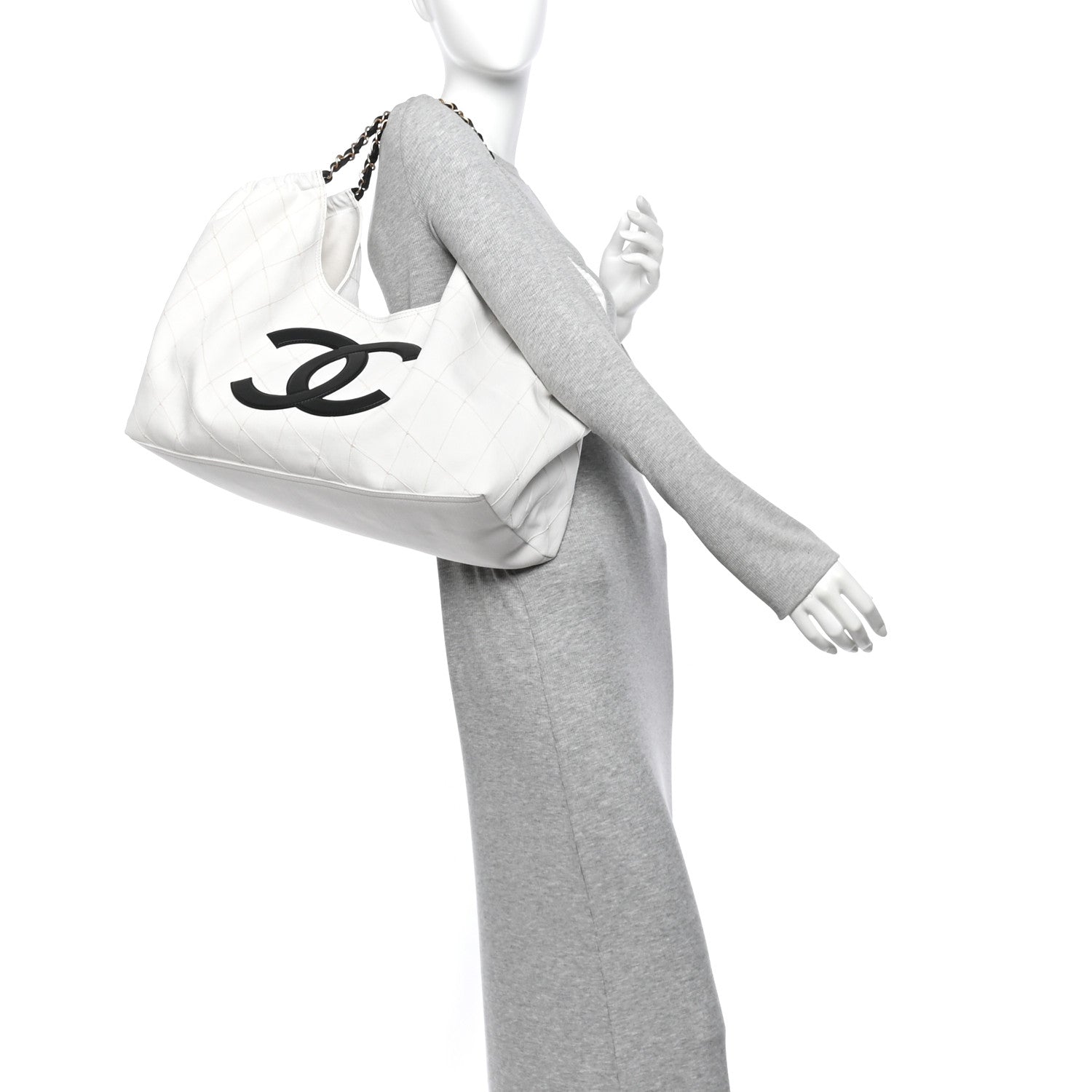 Denim Calfskin Quilted Coco Beach Small Shopping Tote White Black — view 2