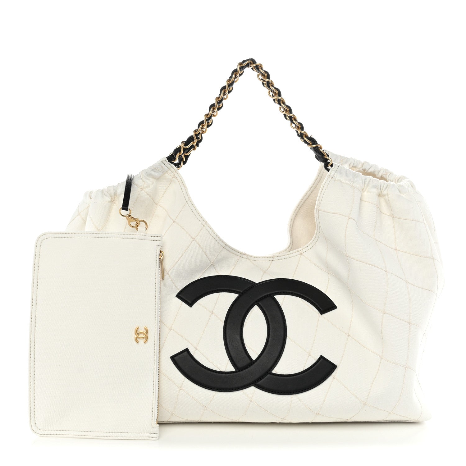 Denim Calfskin Quilted Coco Beach Small Shopping Tote White Black — view 3