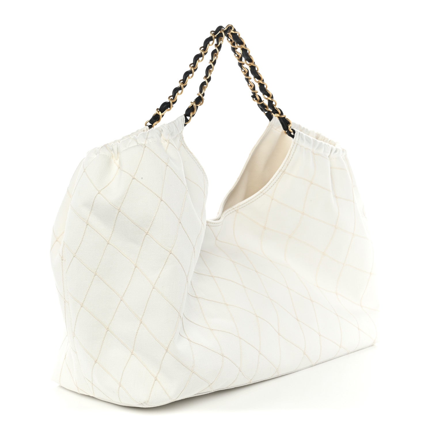 Denim Calfskin Quilted Coco Beach Small Shopping Tote White Black — view 4