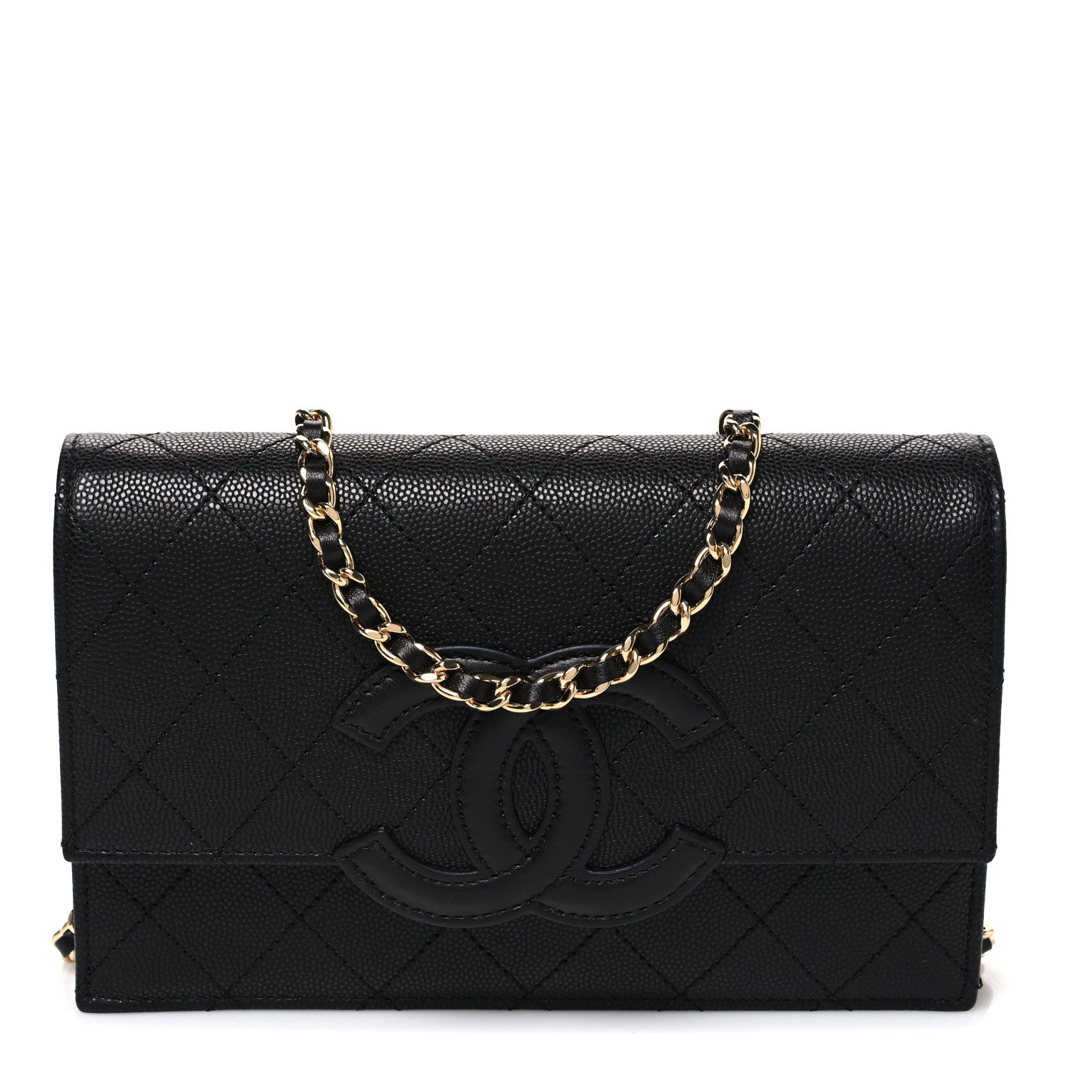 Shiny Caviar Lambskin Quilted CC Neo Filigree Wallet on Chain WOC Black