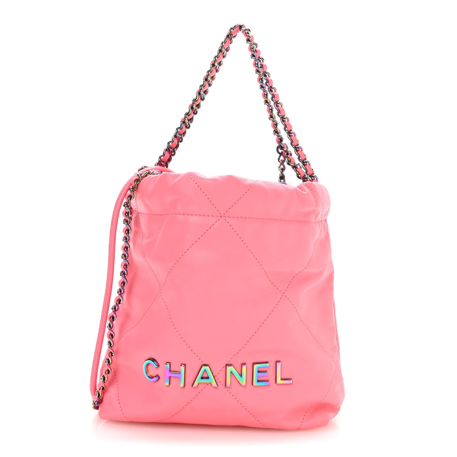Shiny Calfskin Quilted Rainbow Metal Mini Chanel 22 Coral Pink