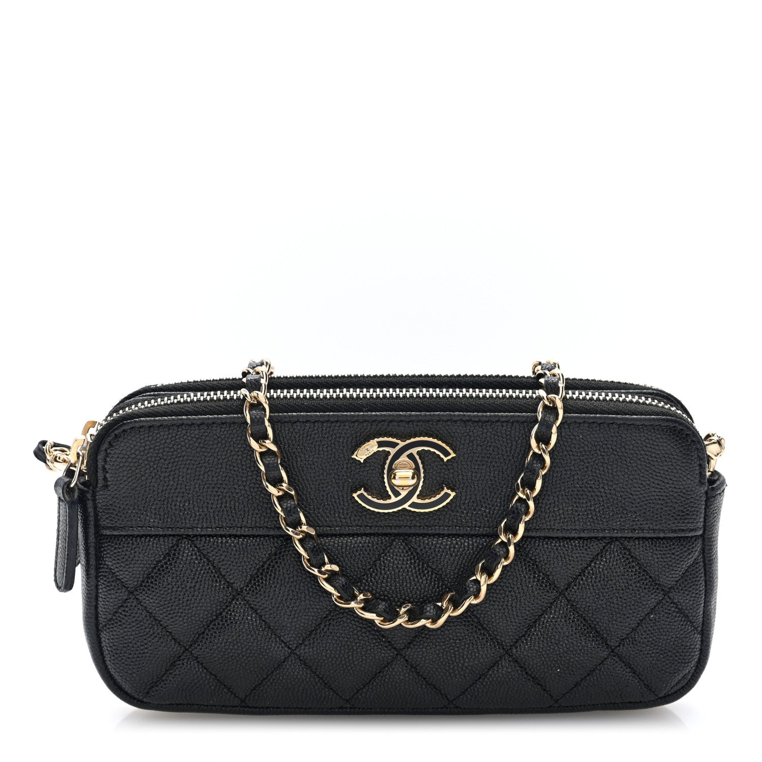 Caviar Quilted Zipped Phone Holder With Chain Black