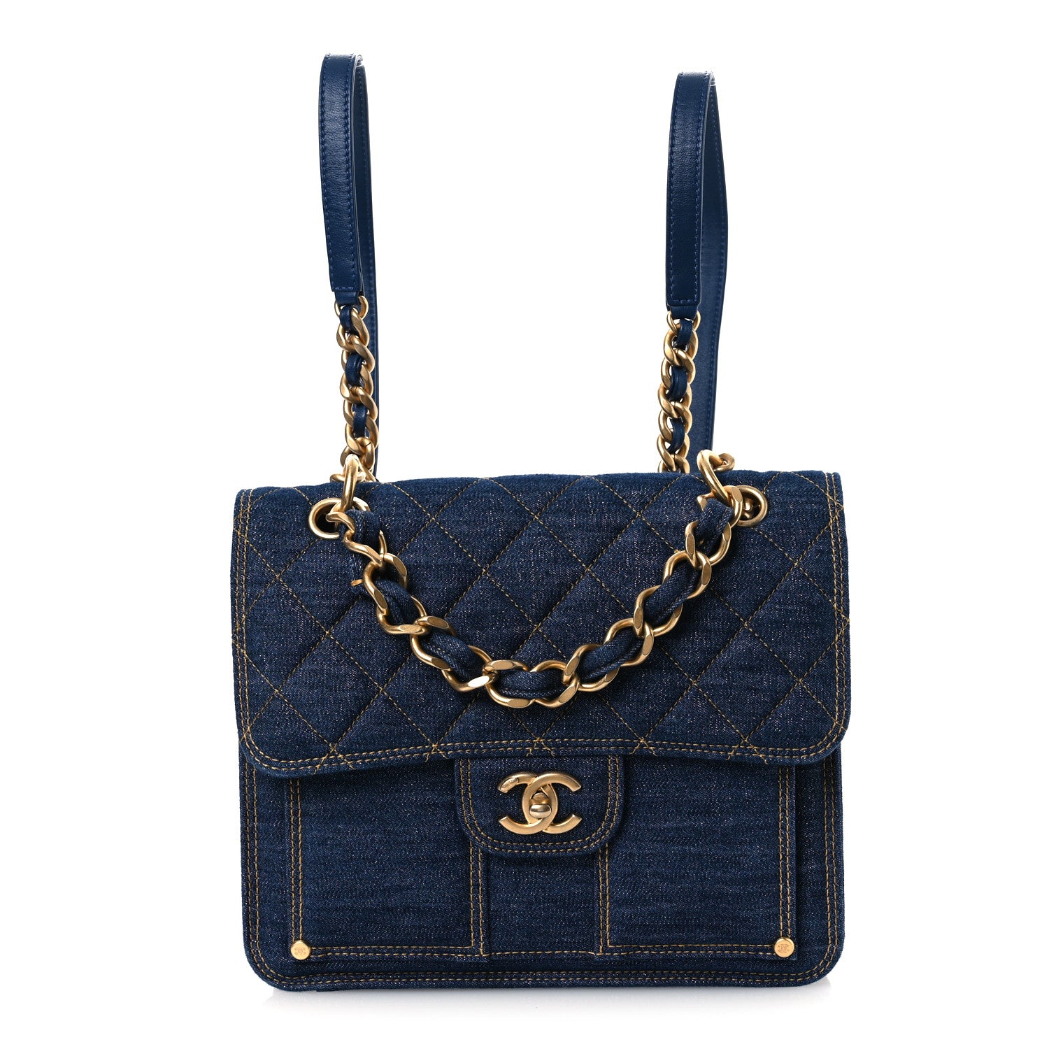 Denim Quilted Double You Backpack Blue Golden
