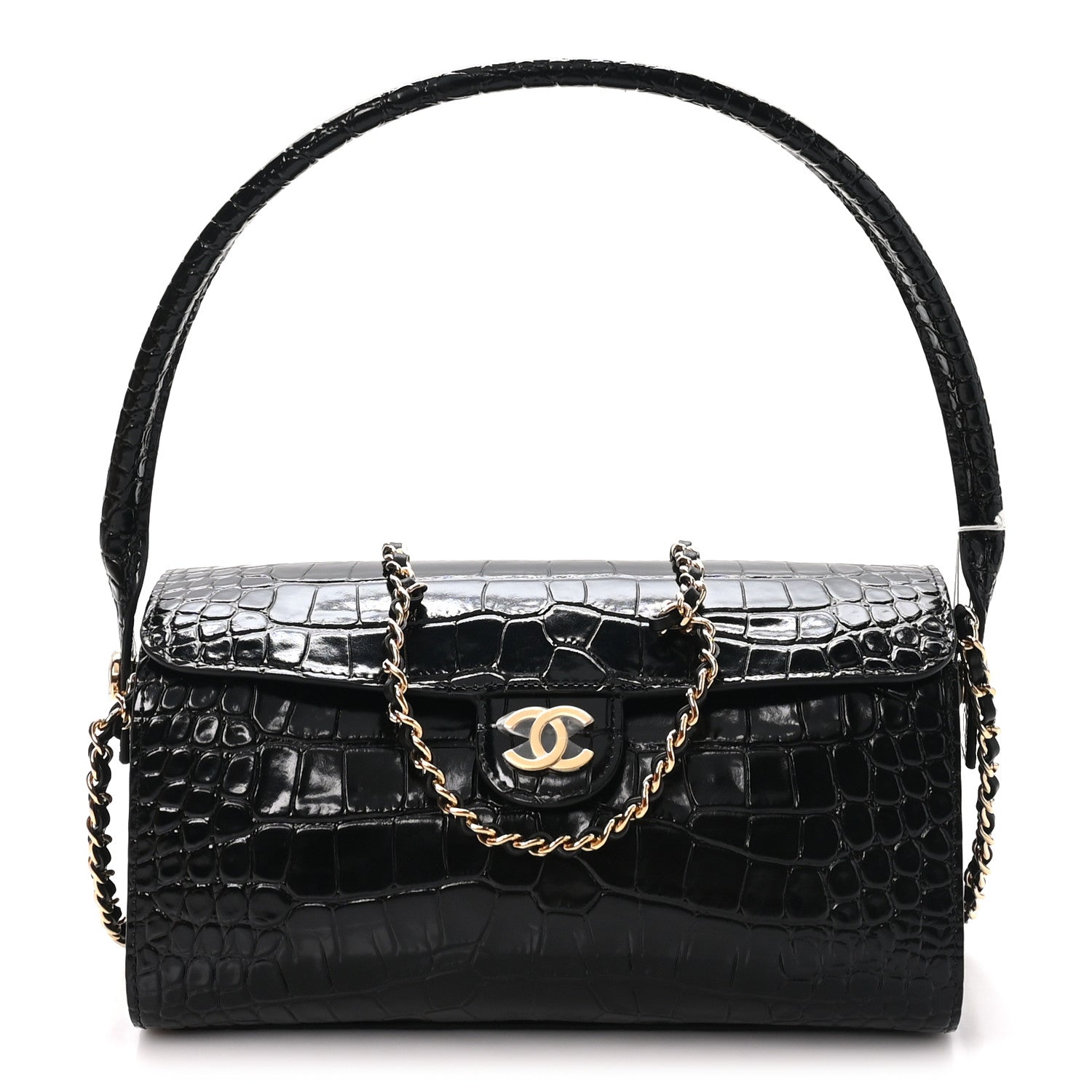 Calfskin Crocodile Embossed Turn Around Clutch With Chain Black