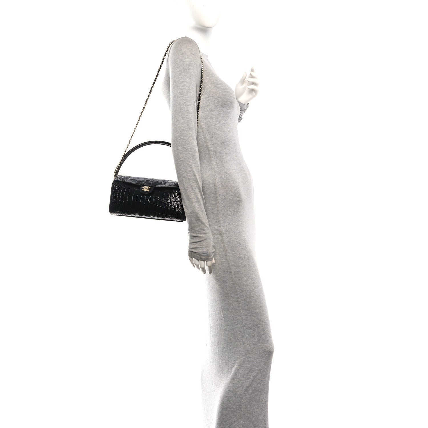 Calfskin Crocodile Embossed Turn Around Clutch With Chain Black — view 2