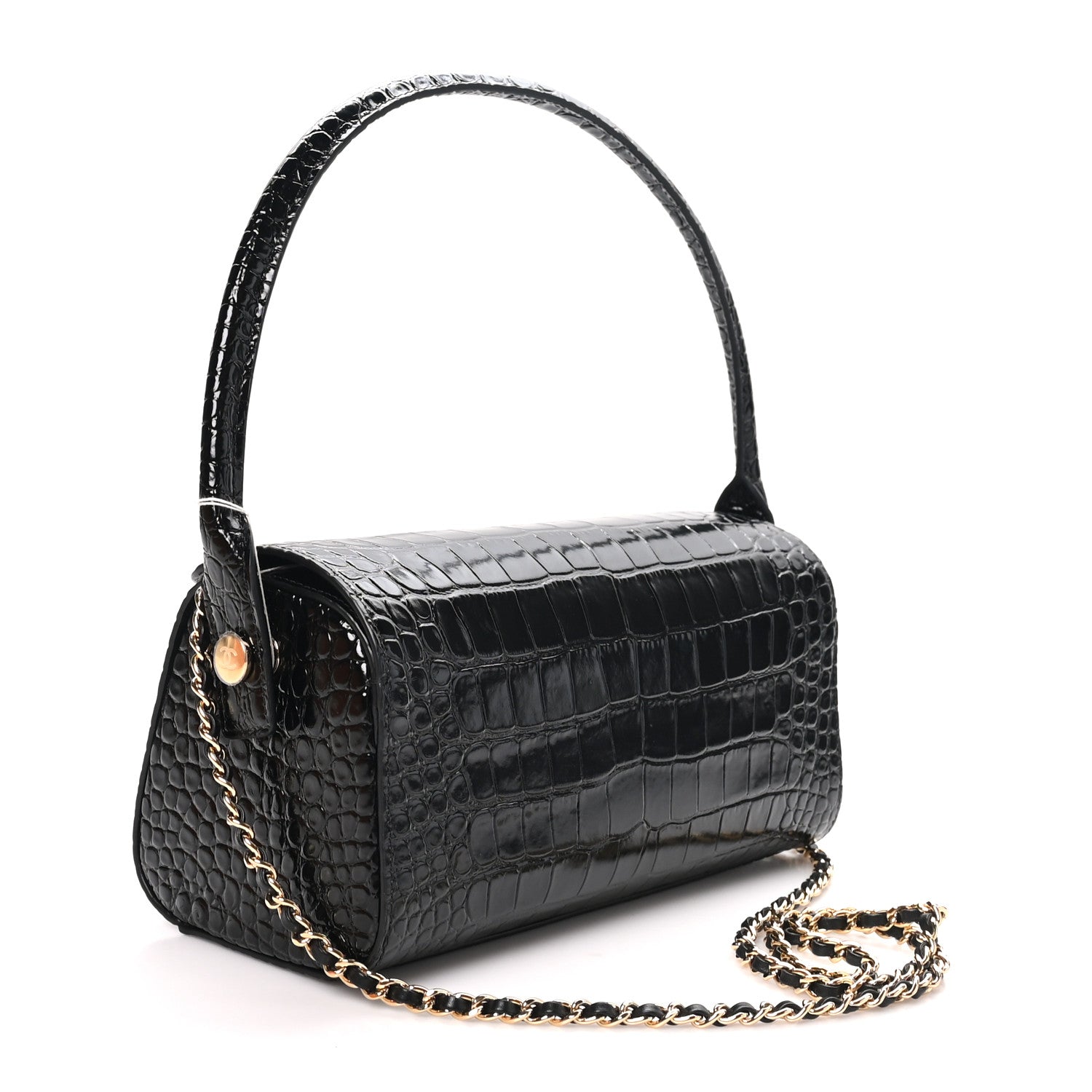 Calfskin Crocodile Embossed Turn Around Clutch With Chain Black — view 3