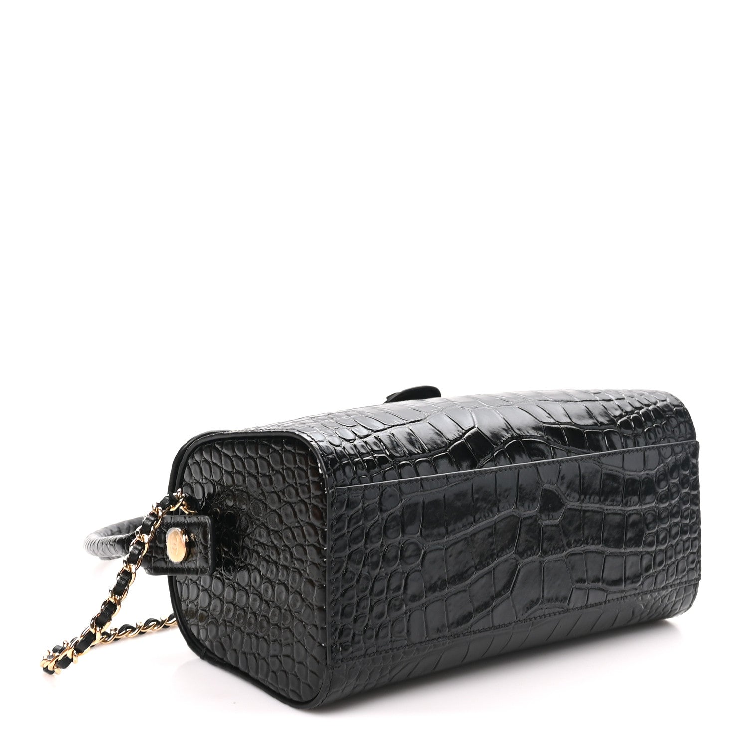 Calfskin Crocodile Embossed Turn Around Clutch With Chain Black — view 4