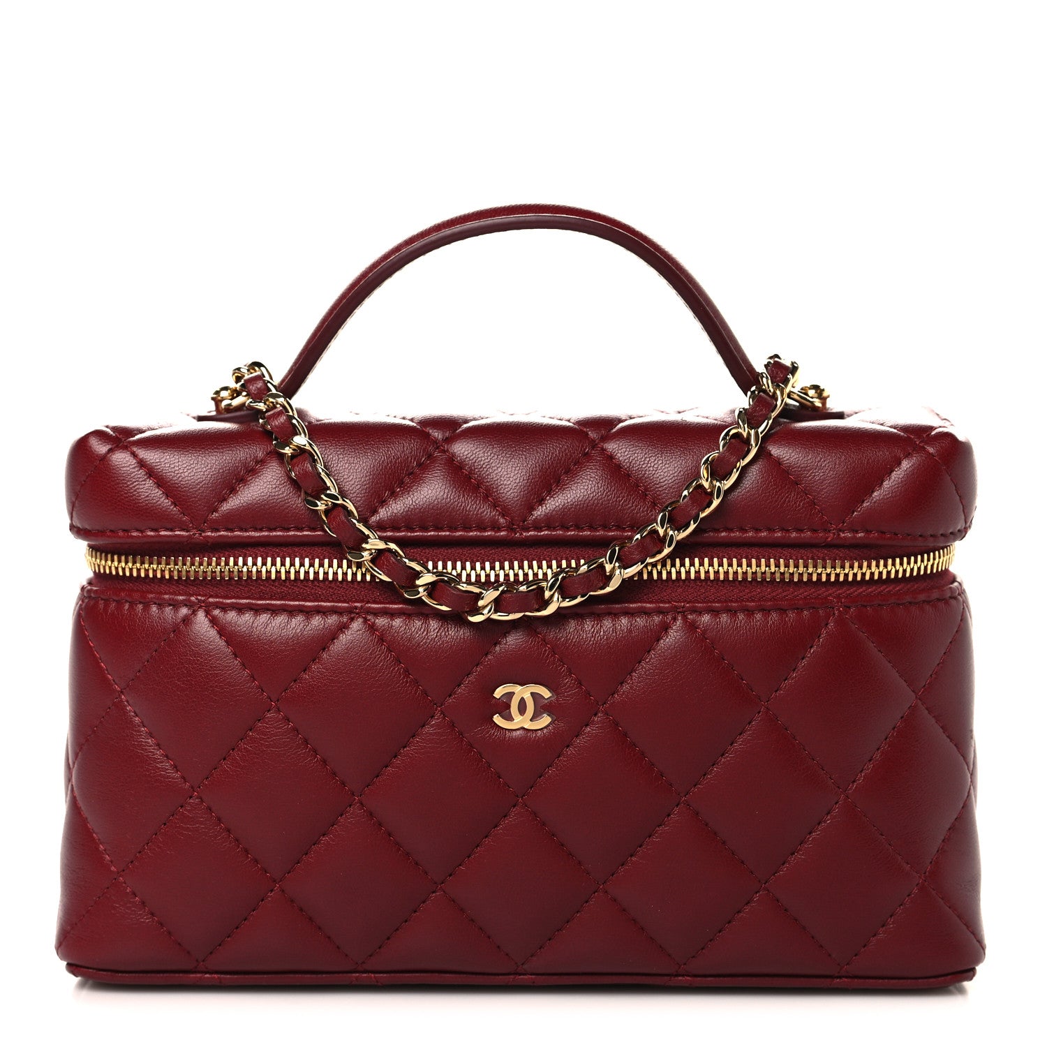 Lambskin Quilted Top Handle Slim Vanity With Chain Burgundy