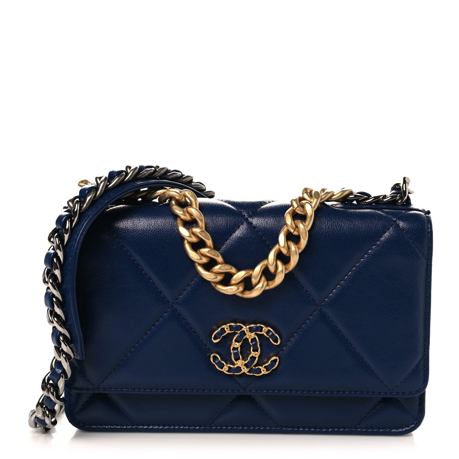Lambskin Quilted Chanel 19 Wallet On Chain WOC Blue — view 1